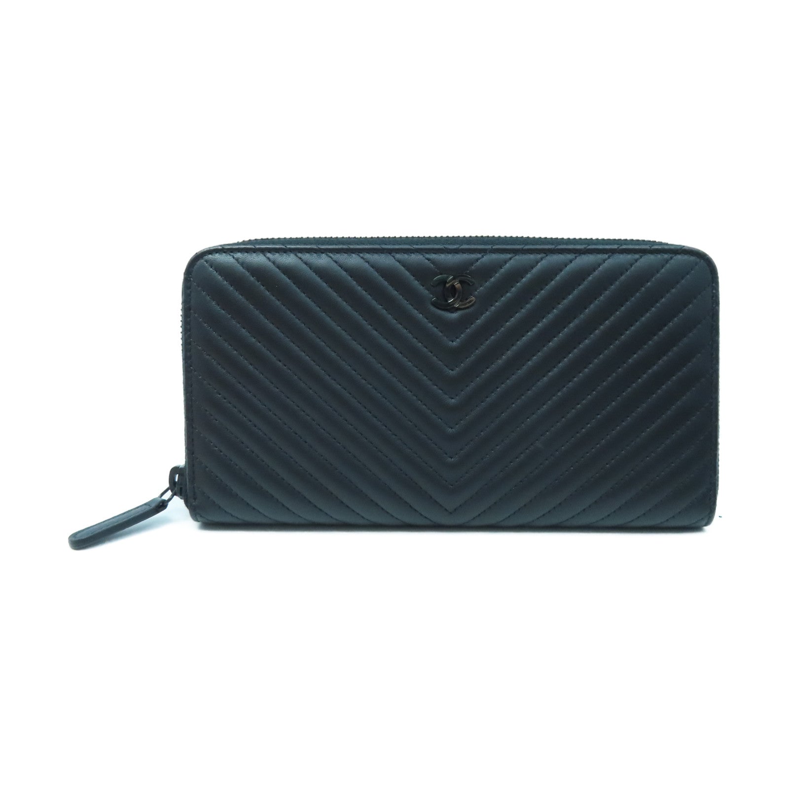 CHANEL twill cowhide leather Zipper Wallet long wallet black
