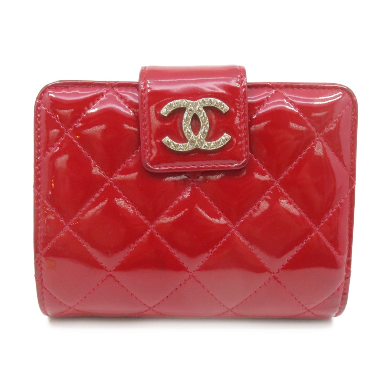 CHANEL 菱格漆皮皮革Short Wallet银扣短钱包红色