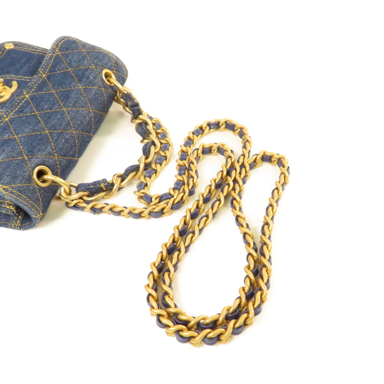 CHANEL 菱格牛仔布2Way Chain Shoulder Bag金扣手挽肩背兩用袋藍色