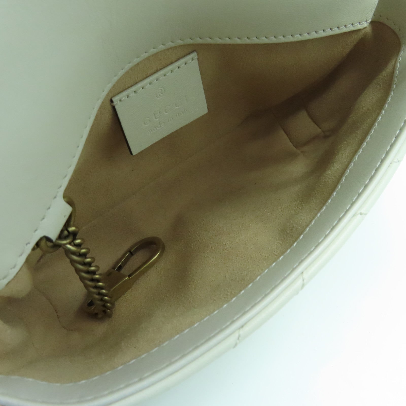 GUCCI cowhide leather Mini GG Marmont gold buckle chain shoulder bag white