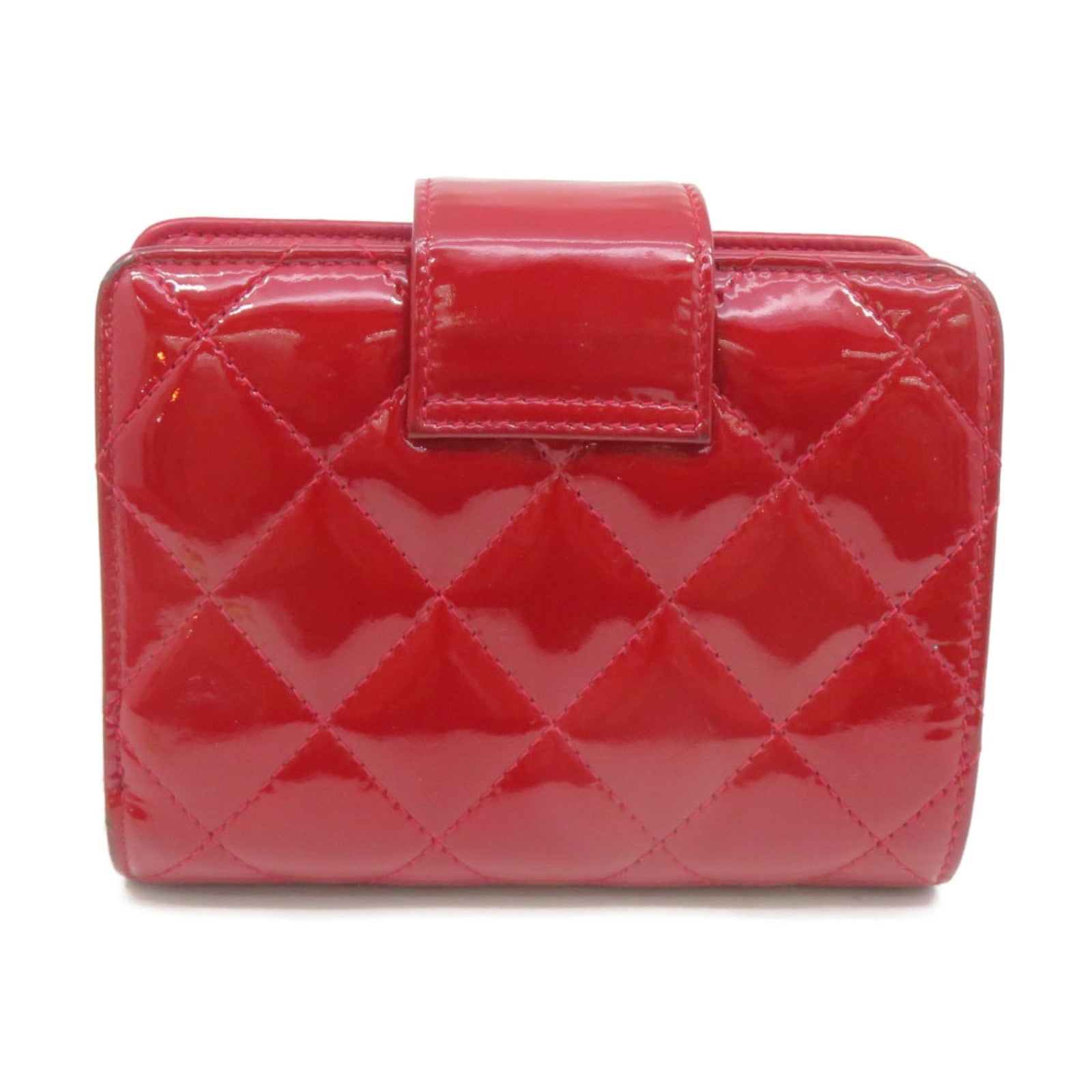 CHANEL 菱格漆皮皮革Short Wallet银扣短钱包红色