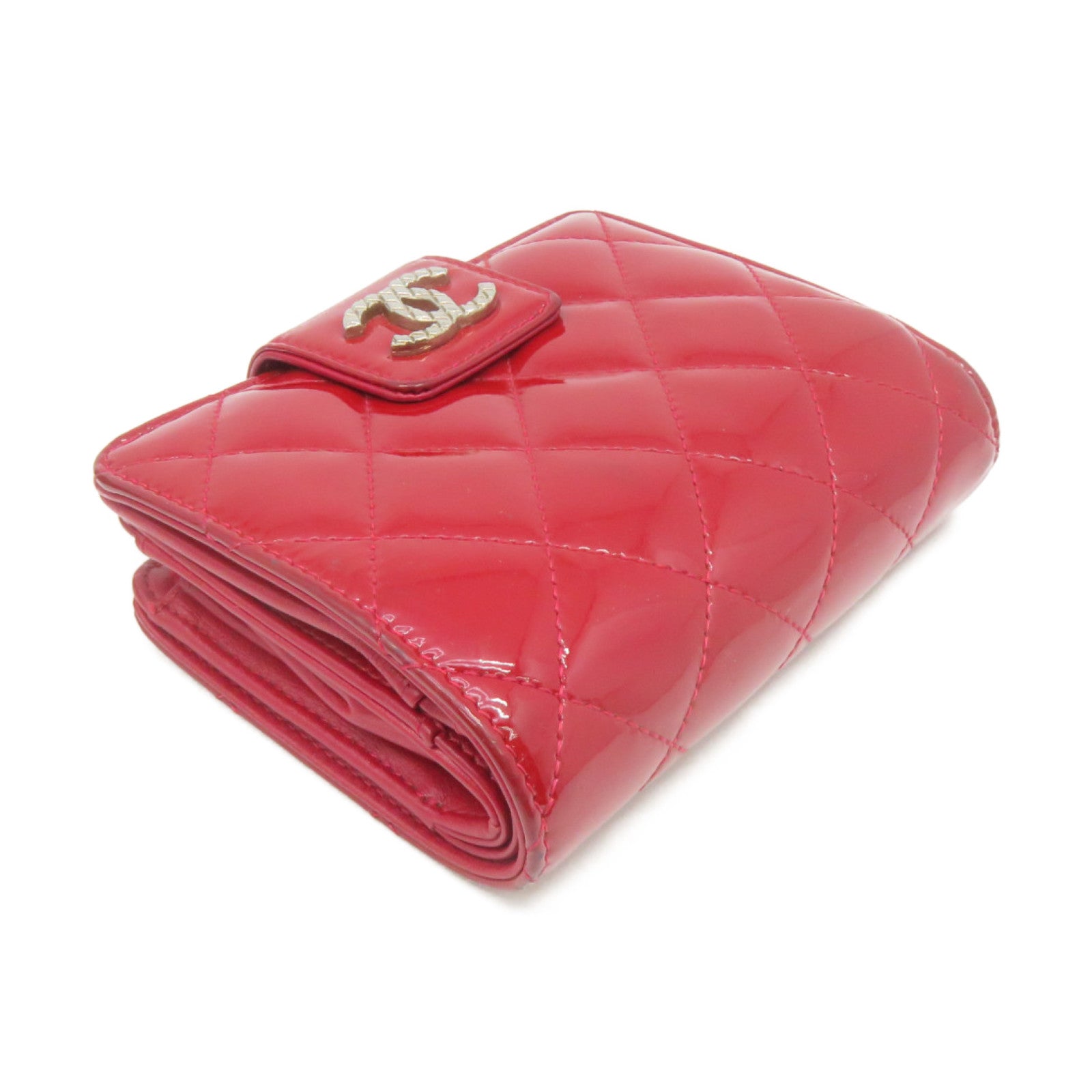 CHANEL 菱格漆皮皮革Short Wallet银扣短钱包红色