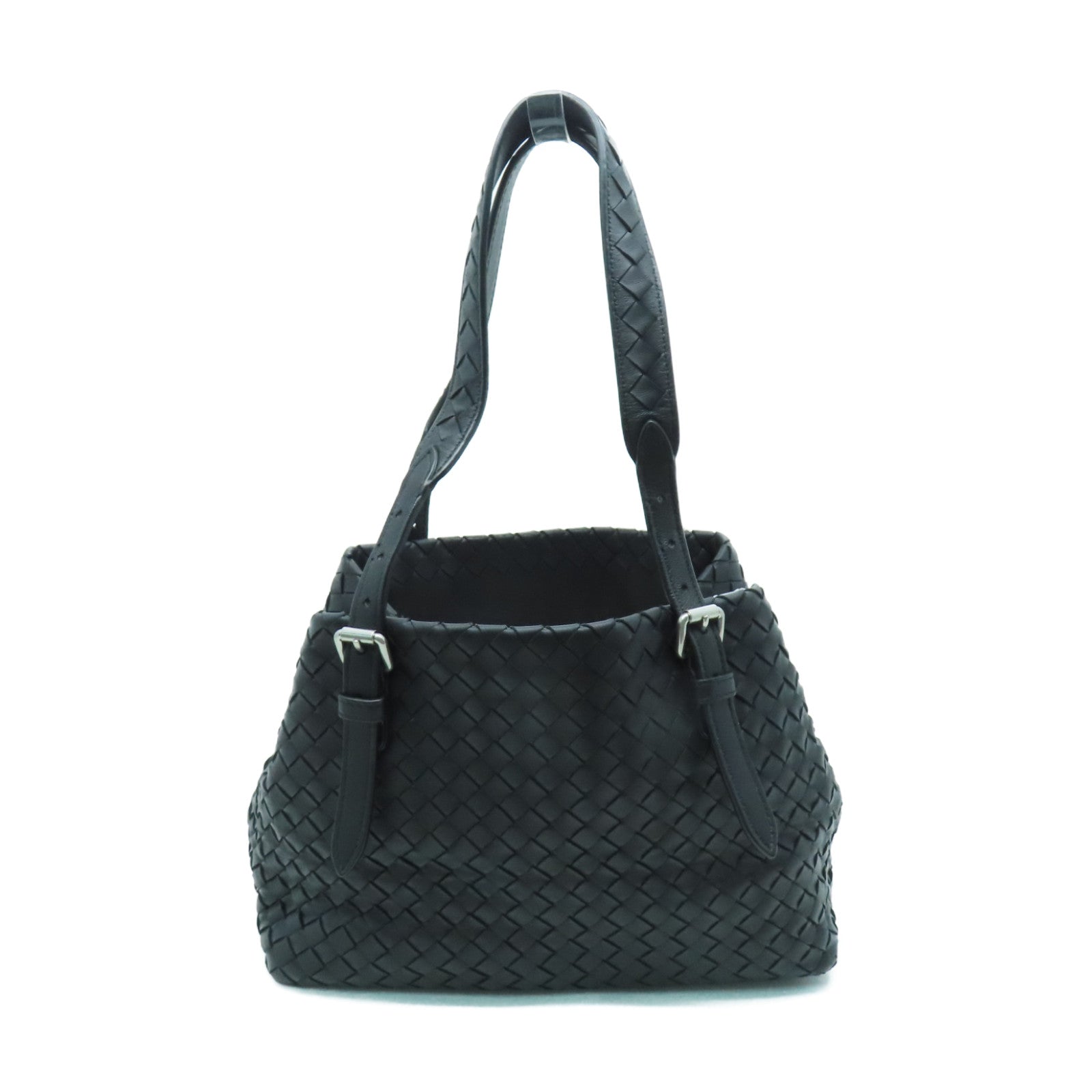 BOTTEGA VENETA 織紋皮革Tote Bag銀扣手挽袋黑色