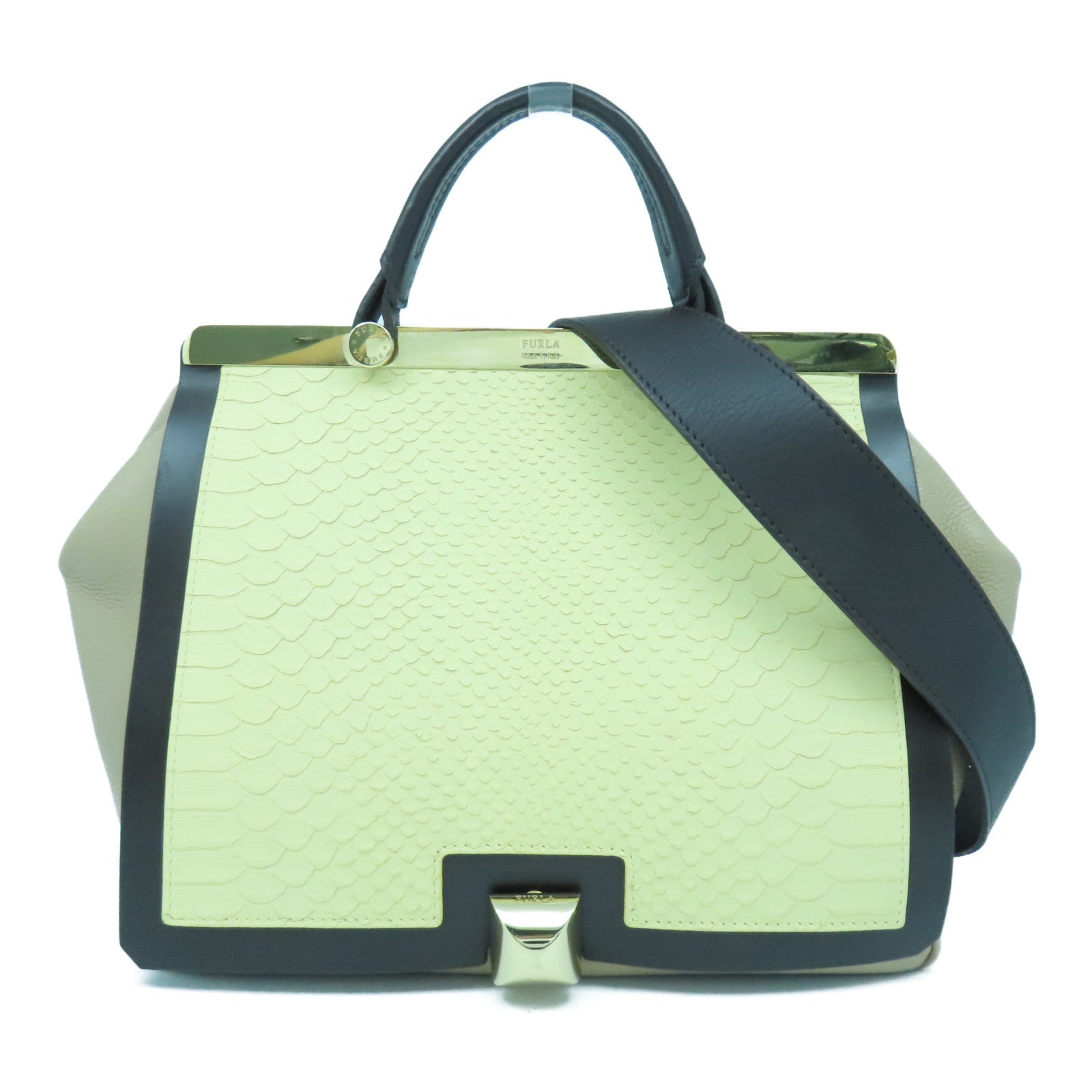 Furla 牛皮皮革/鱷魚皮革2 Way Shoulder Bag金扣手挽肩背兩用袋米色/啡色