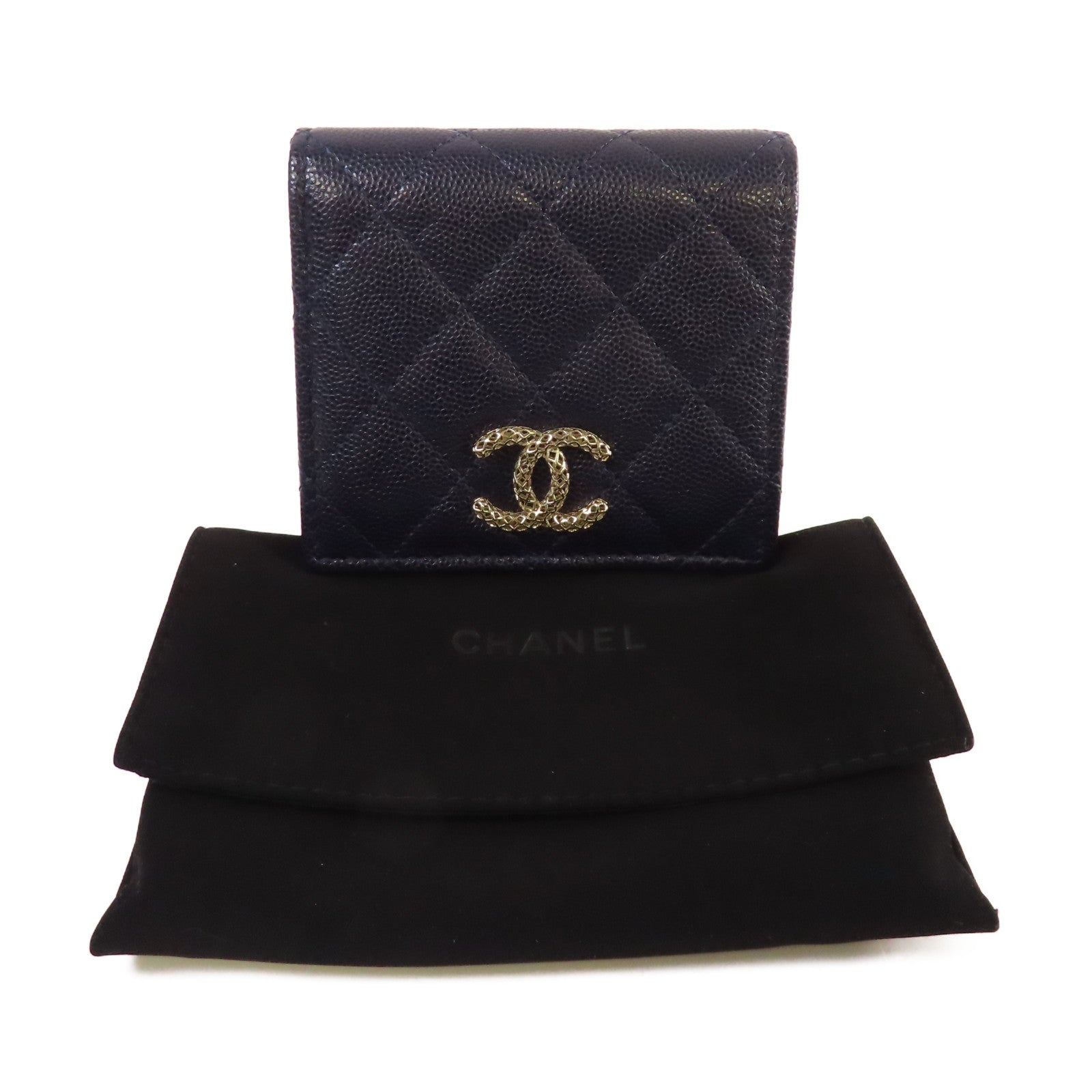 CHANEL 菱格Caviar皮革Short Wallet金扣短錢包寶藍色/粉紅色