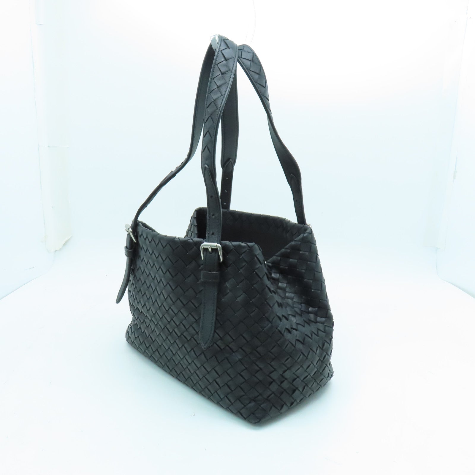 BOTTEGA VENETA 織紋皮革Tote Bag銀扣手挽袋黑色