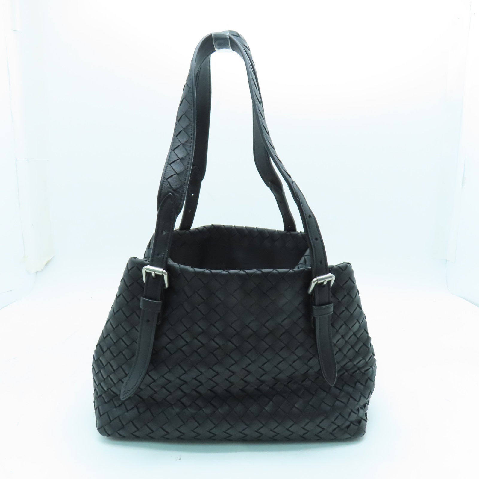 BOTTEGA VENETA 織紋皮革Tote Bag銀扣手挽袋黑色