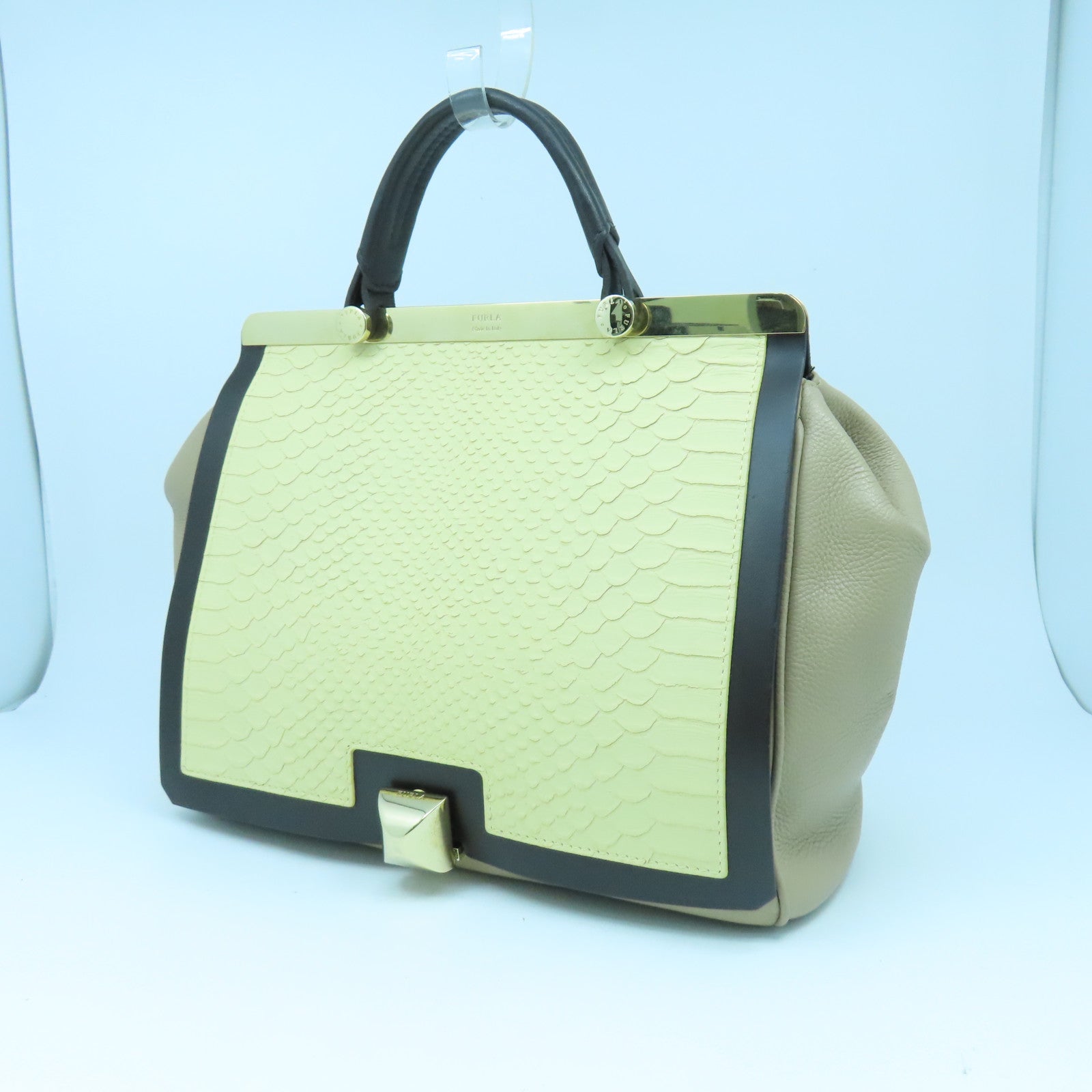 Furla 牛皮皮革/鱷魚皮革2 Way Shoulder Bag金扣手挽肩背兩用袋米色/啡色