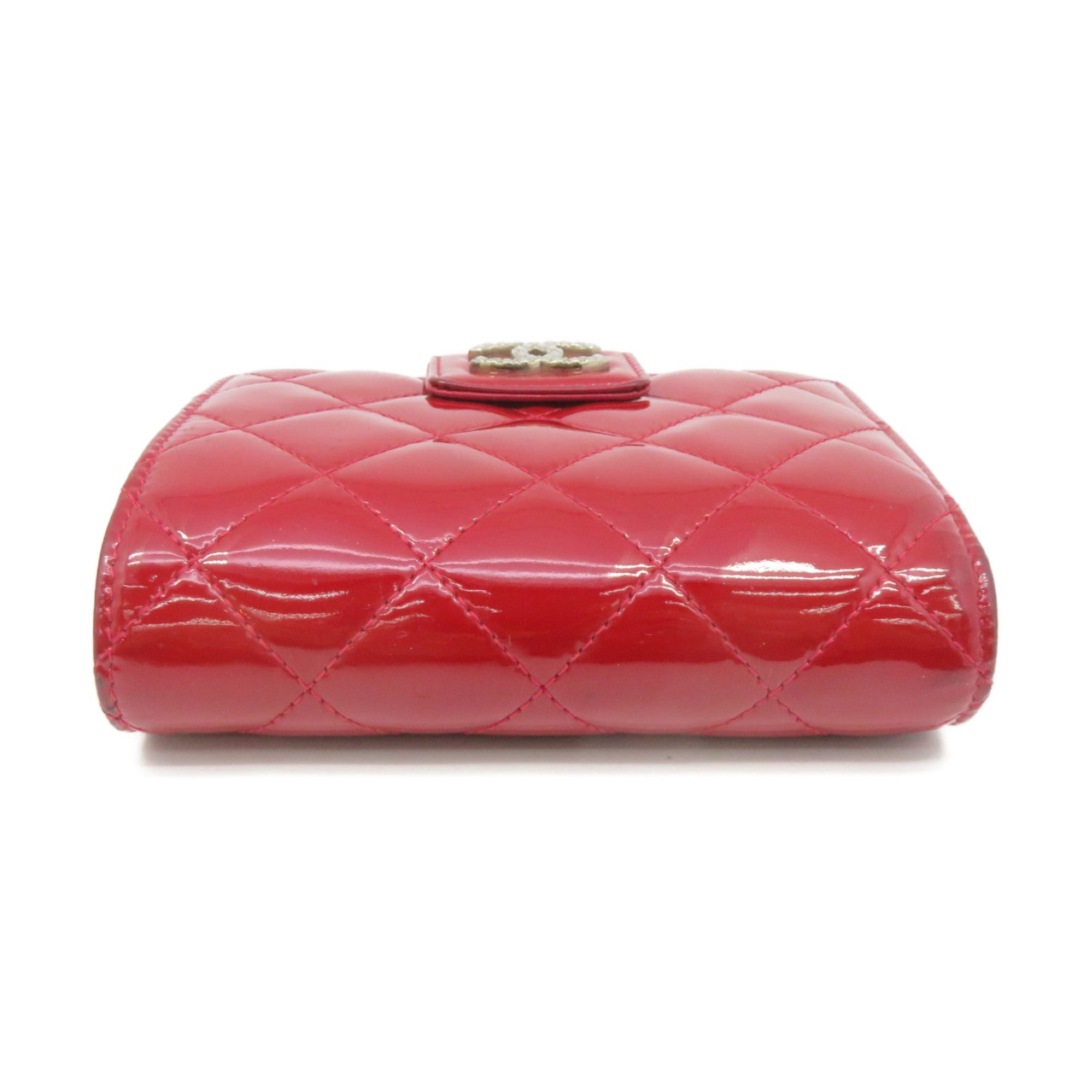 CHANEL 菱格漆皮皮革Short Wallet银扣短钱包红色