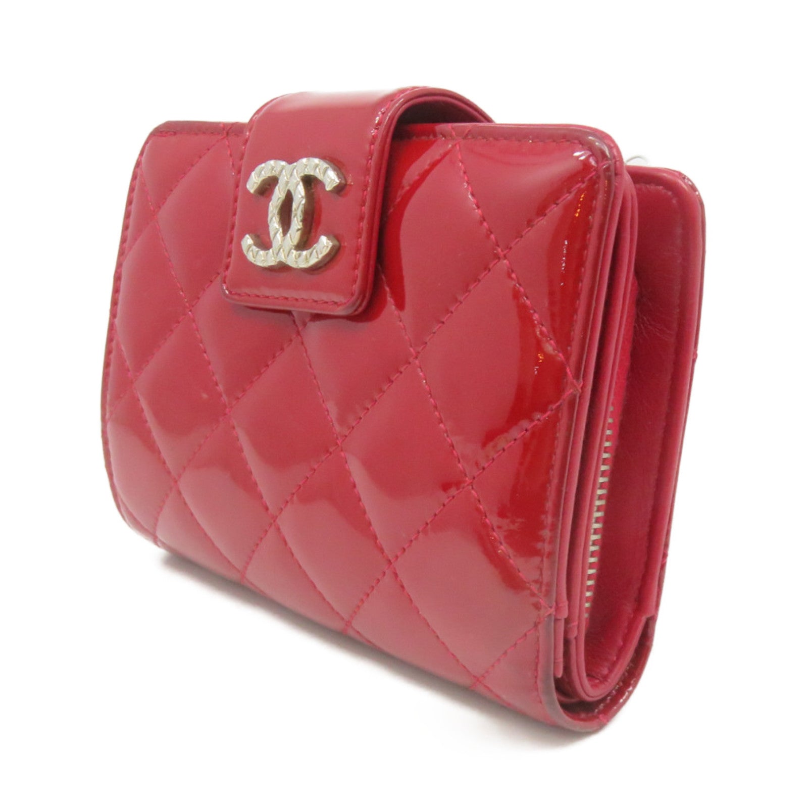 CHANEL 菱格漆皮皮革Short Wallet银扣短钱包红色