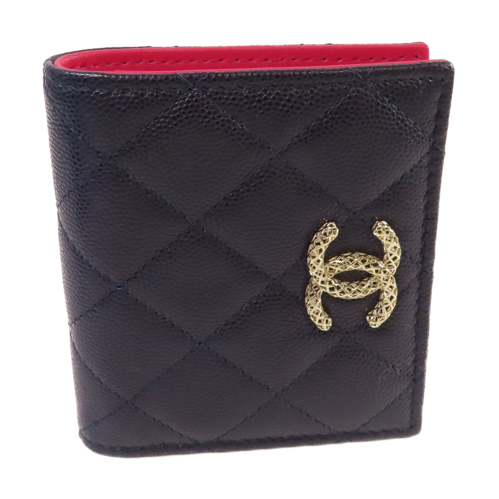 CHANEL 菱格Caviar皮革Short Wallet金扣短錢包寶藍色/粉紅色