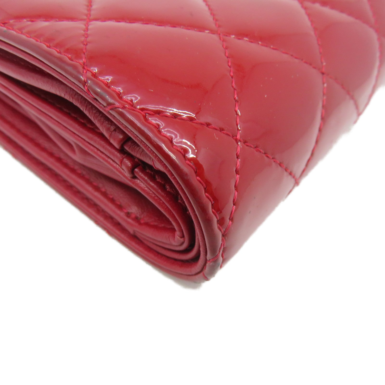 CHANEL 菱格漆皮皮革Short Wallet银扣短钱包红色