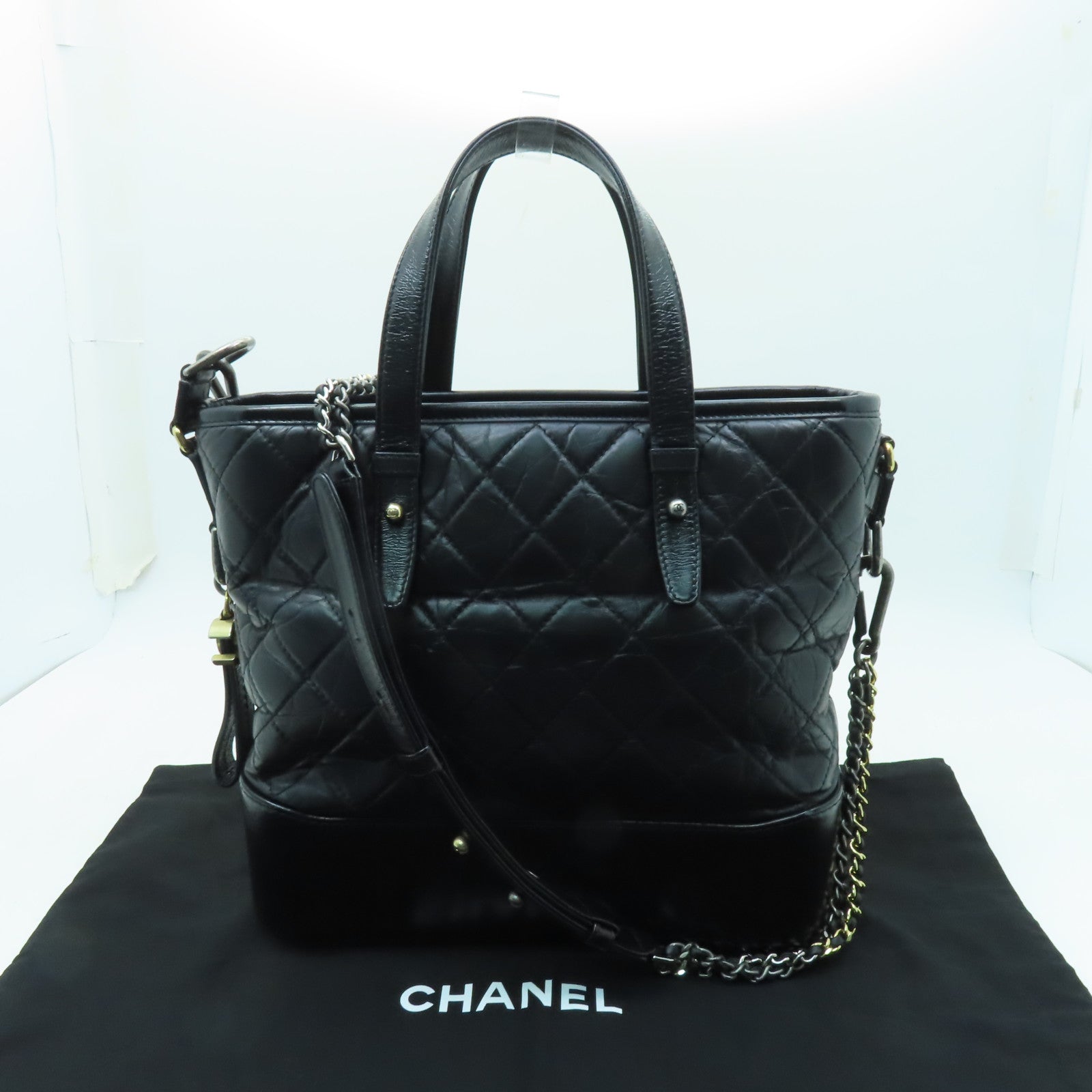 CHANEL 菱格牛皮皮革Gabrielle金扣/銀扣手挽肩背兩用袋黒色