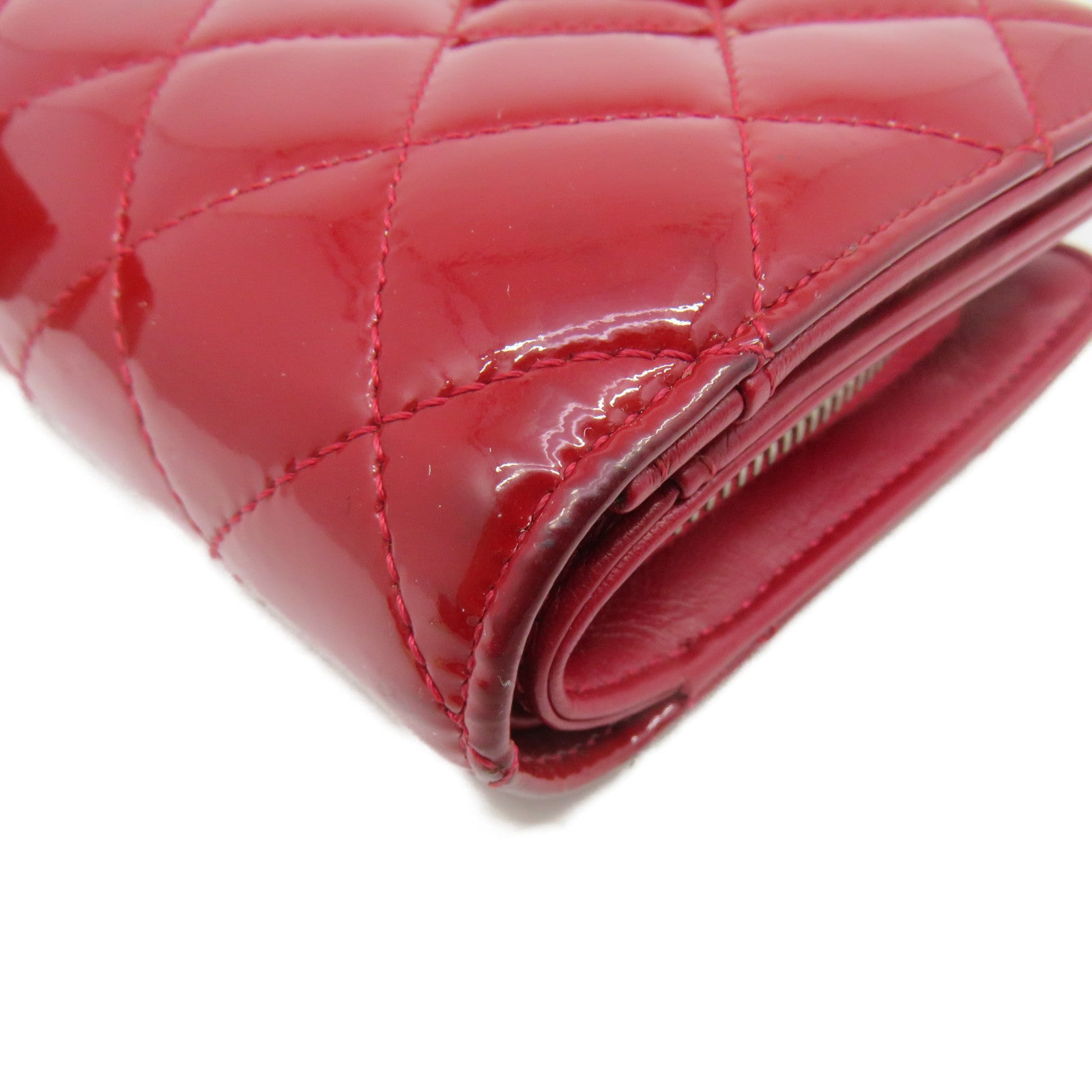 CHANEL 菱格漆皮皮革Short Wallet银扣短钱包红色