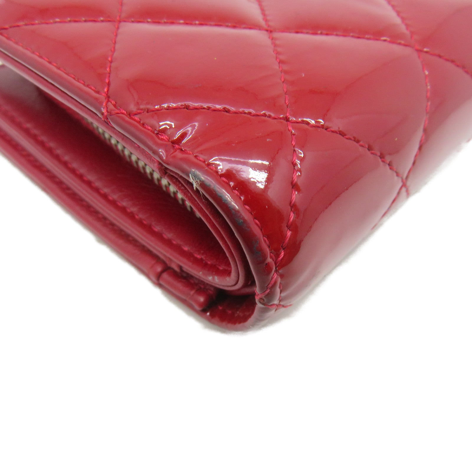 CHANEL 菱格漆皮皮革Short Wallet银扣短钱包红色