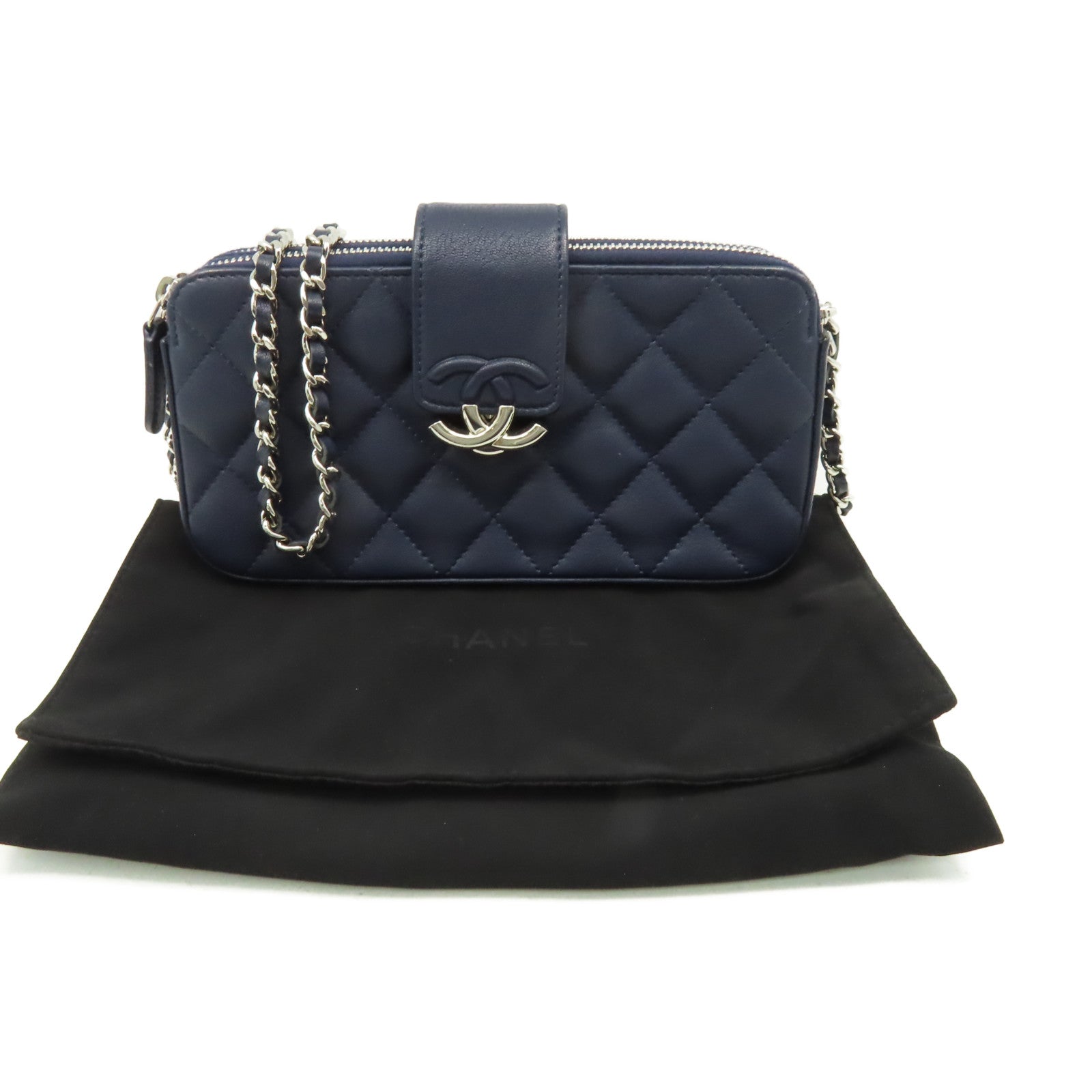 CHANEL 菱格牛皮皮革Chain Shoulder Bag銀扣鏈帶肩背袋寶藍色