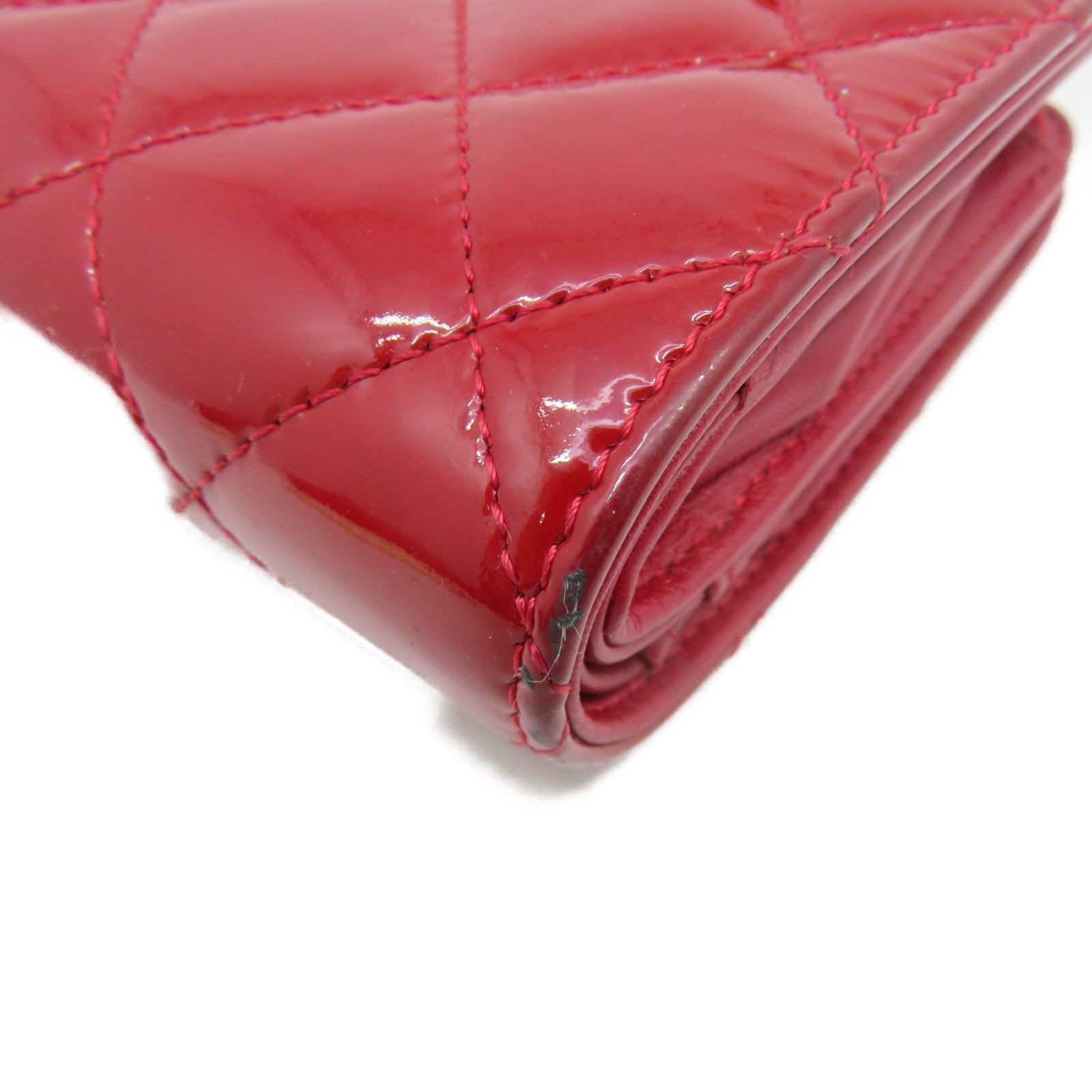 CHANEL 菱格漆皮皮革Short Wallet银扣短钱包红色