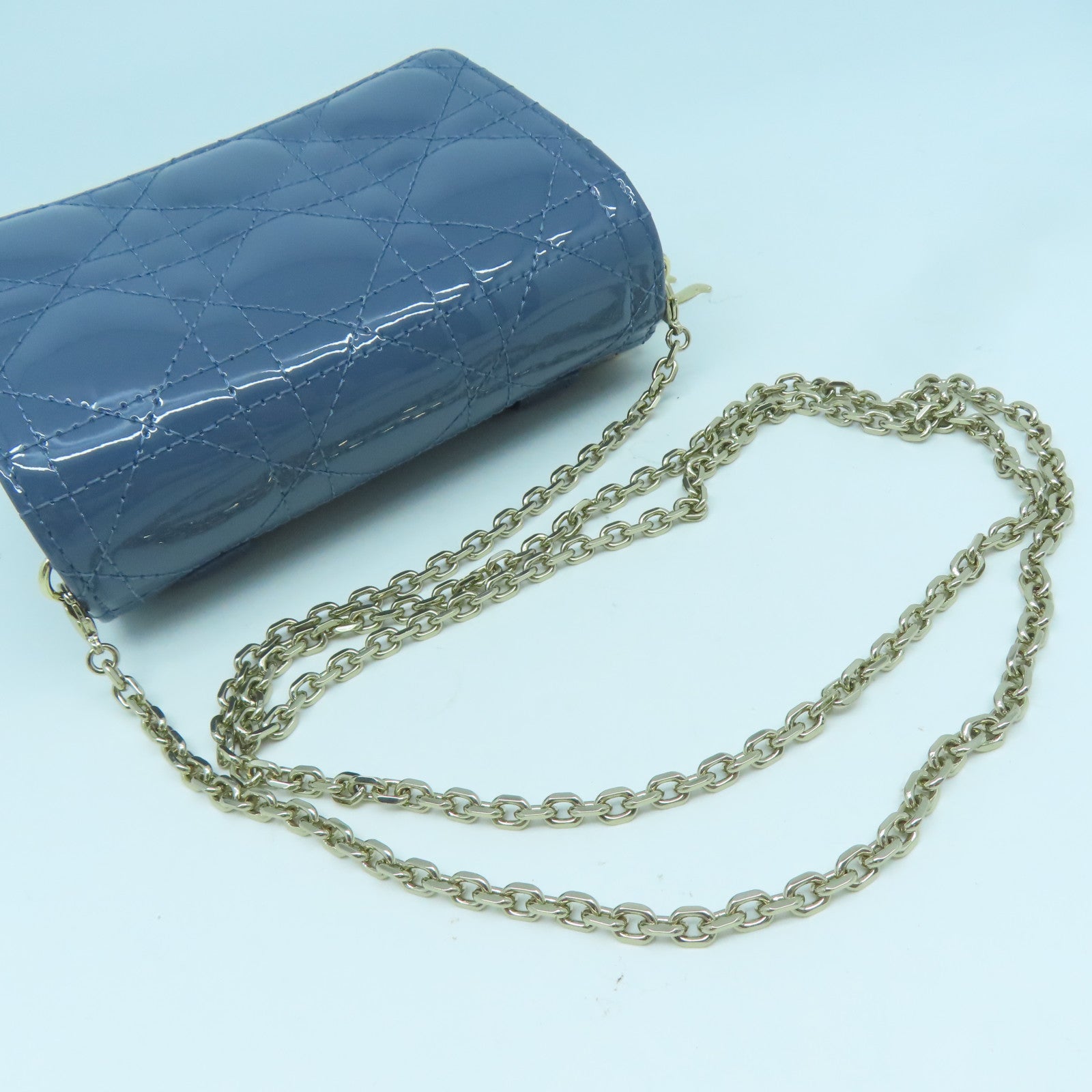 Dior 漆皮皮革Chain Shoulder金扣肩背袋藍色