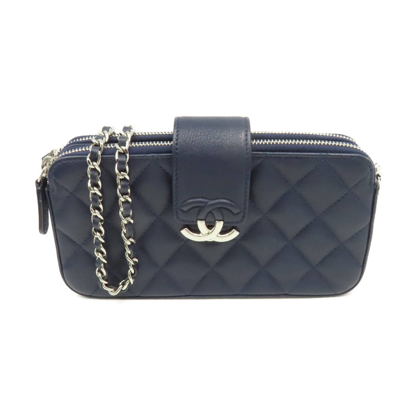 CHANEL 菱格牛皮皮革Chain Shoulder Bag銀扣鏈帶肩背袋寶藍色
