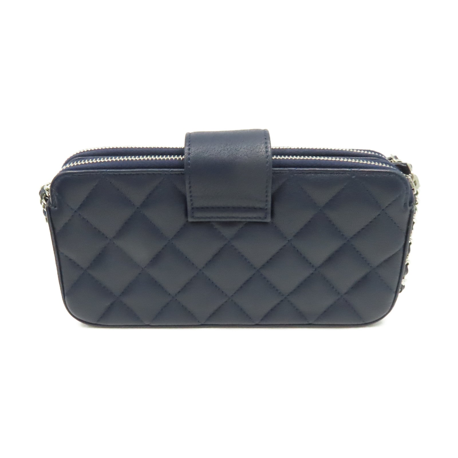 CHANEL 菱格牛皮皮革Chain Shoulder Bag銀扣鏈帶肩背袋寶藍色