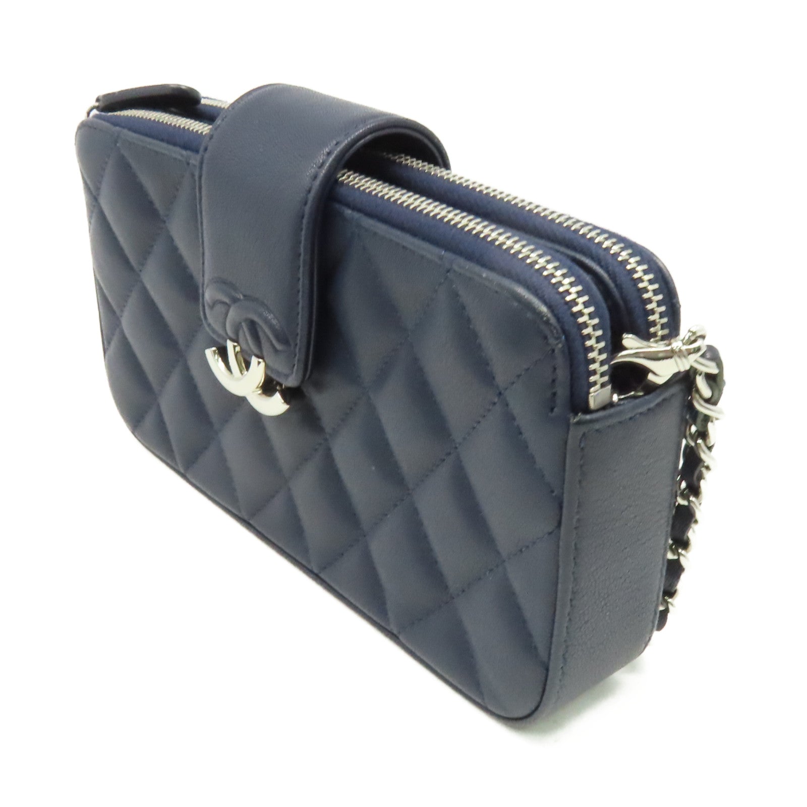 CHANEL 菱格牛皮皮革Chain Shoulder Bag銀扣鏈帶肩背袋寶藍色