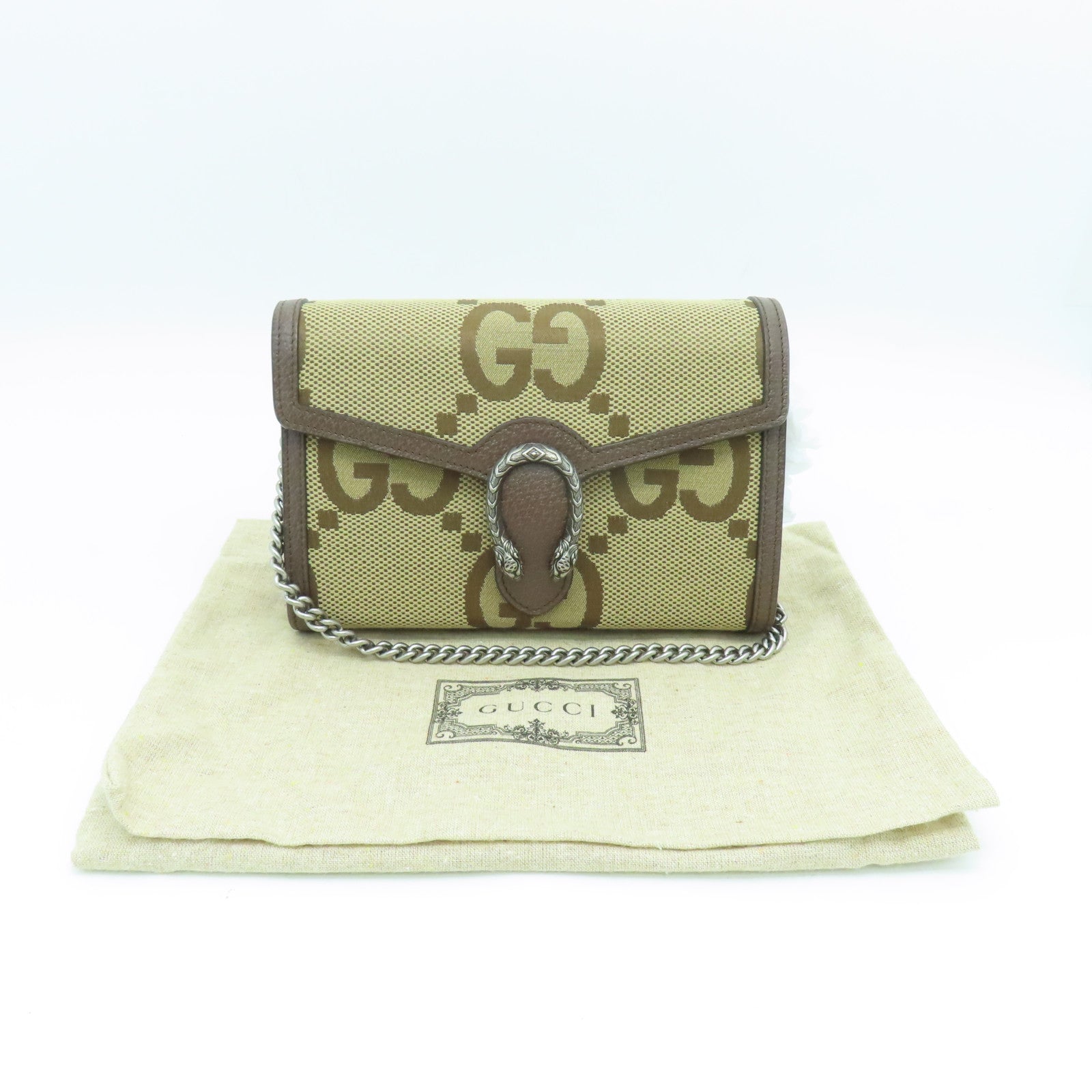 GUCCI 帆布Dionysus銀扣鏈帶肩背袋啡色