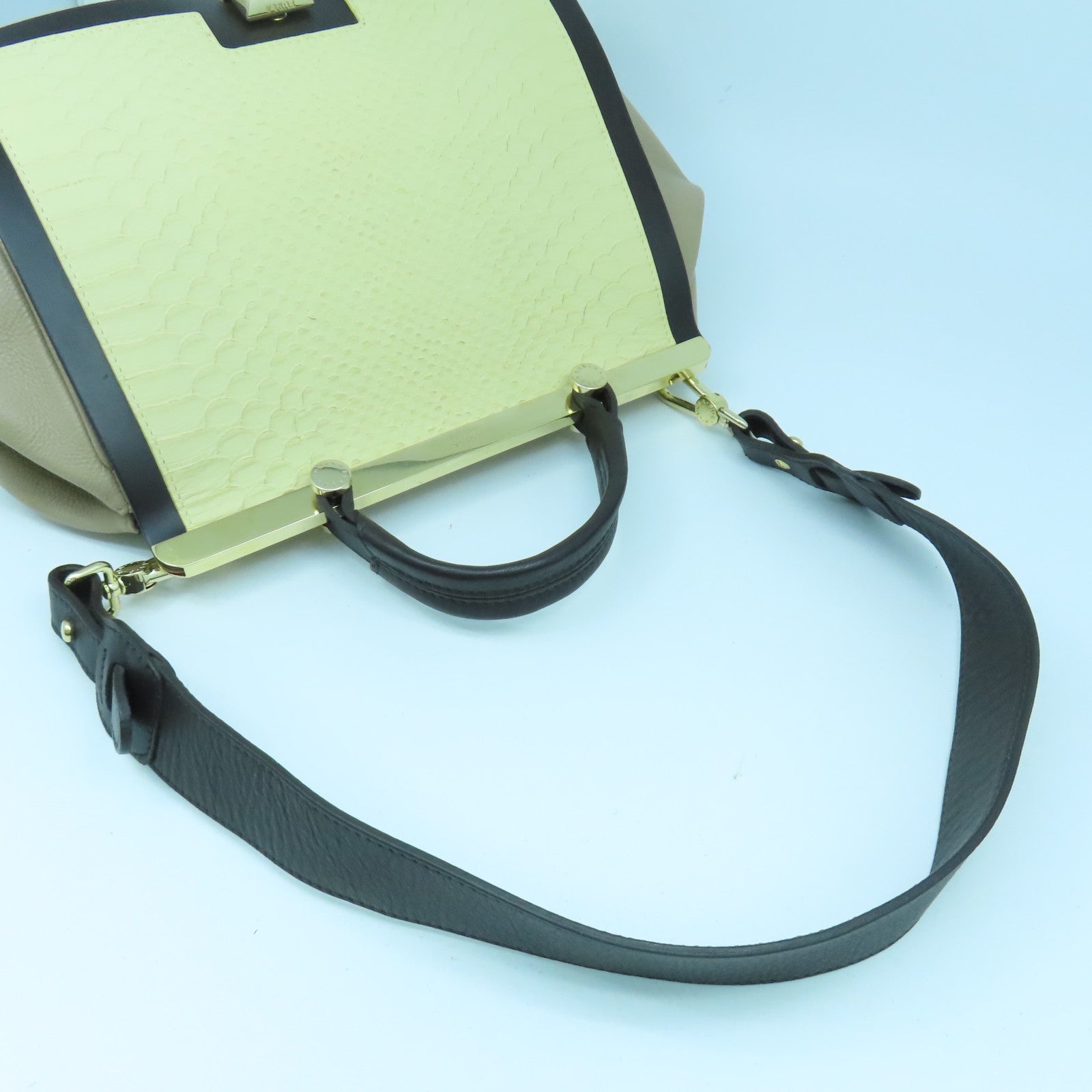Furla 牛皮皮革/鱷魚皮革2 Way Shoulder Bag金扣手挽肩背兩用袋米色/啡色