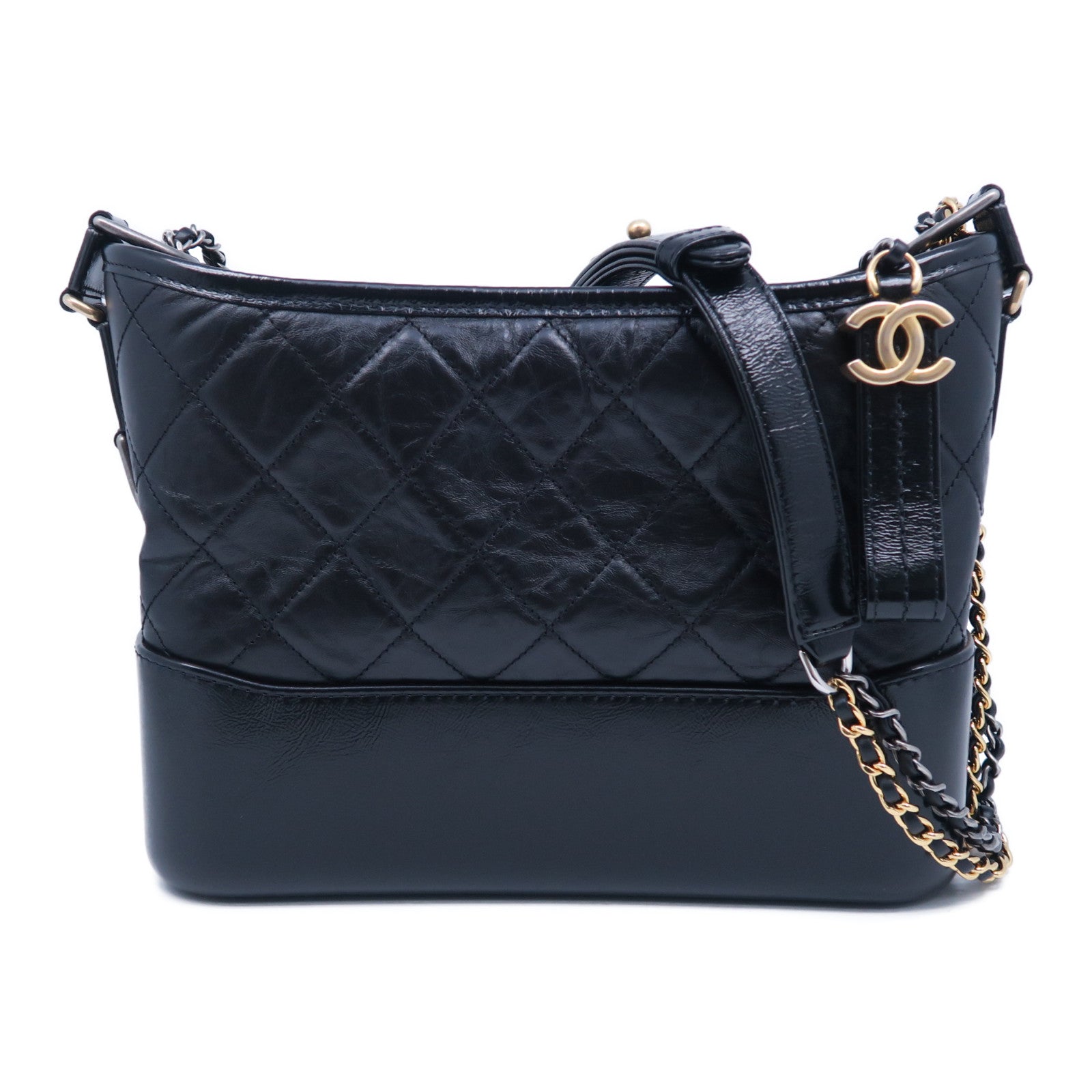 CHANEL 菱格牛皮皮革Gabrielle Medium銀扣鏈帶肩背袋黑色