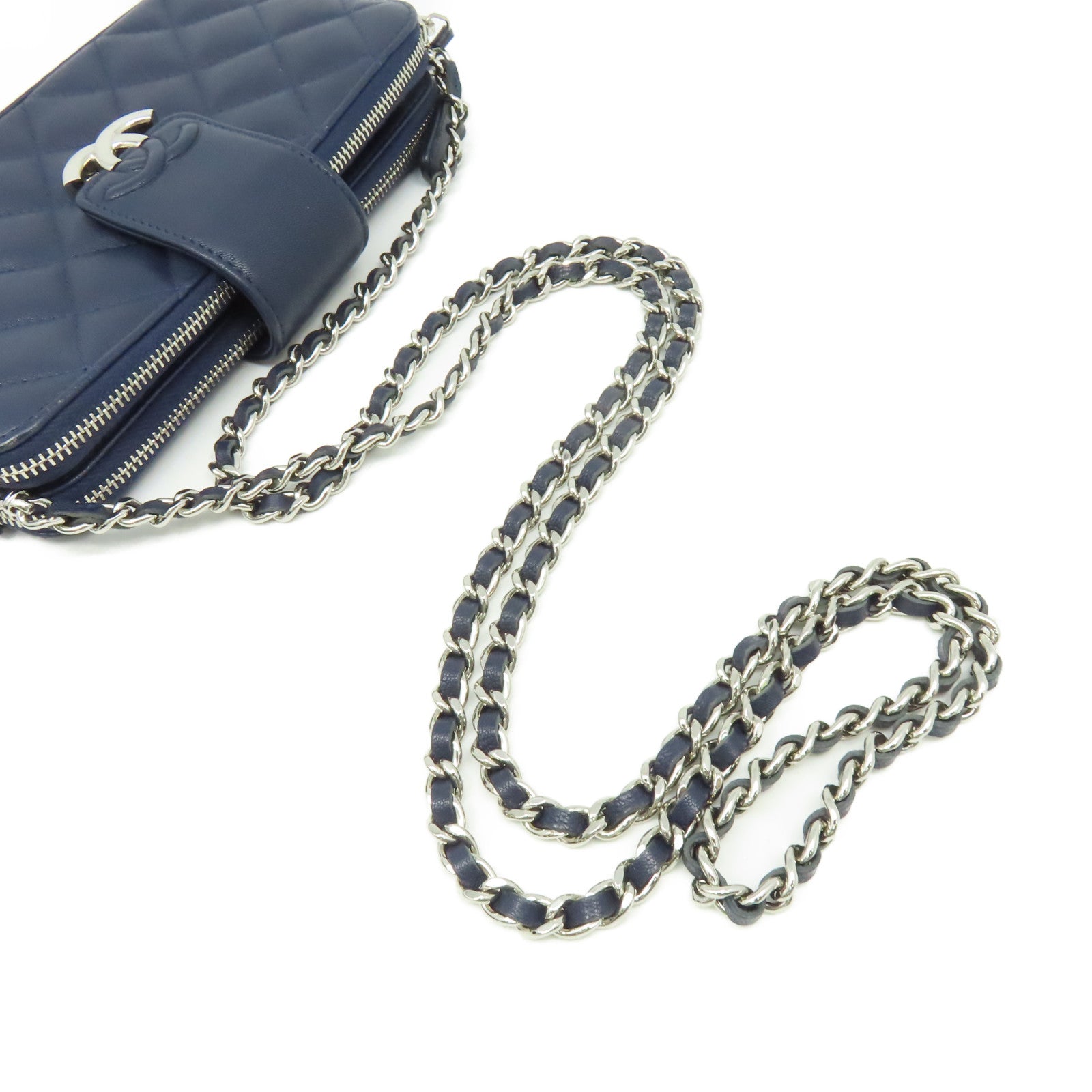 CHANEL 菱格牛皮皮革Chain Shoulder Bag銀扣鏈帶肩背袋寶藍色