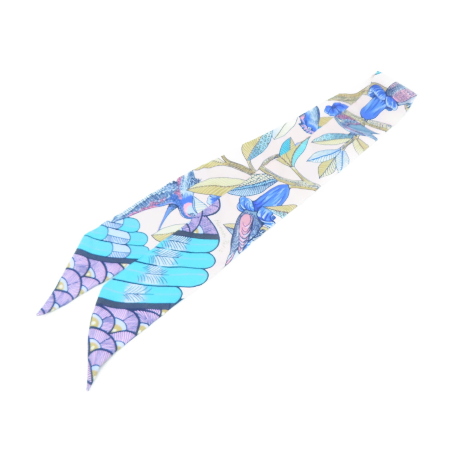 HERMES 絲質Twilly絲巾藍色/粉紅色