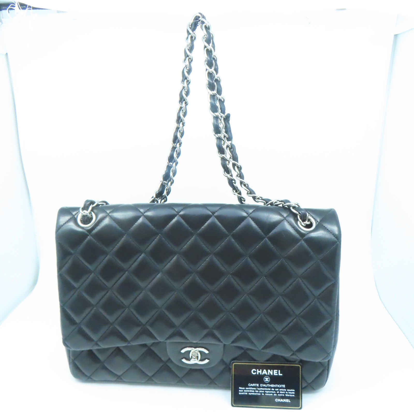 CHANEL 菱格牛皮皮革Chain Shoulder Bag银扣链带肩背袋黑色