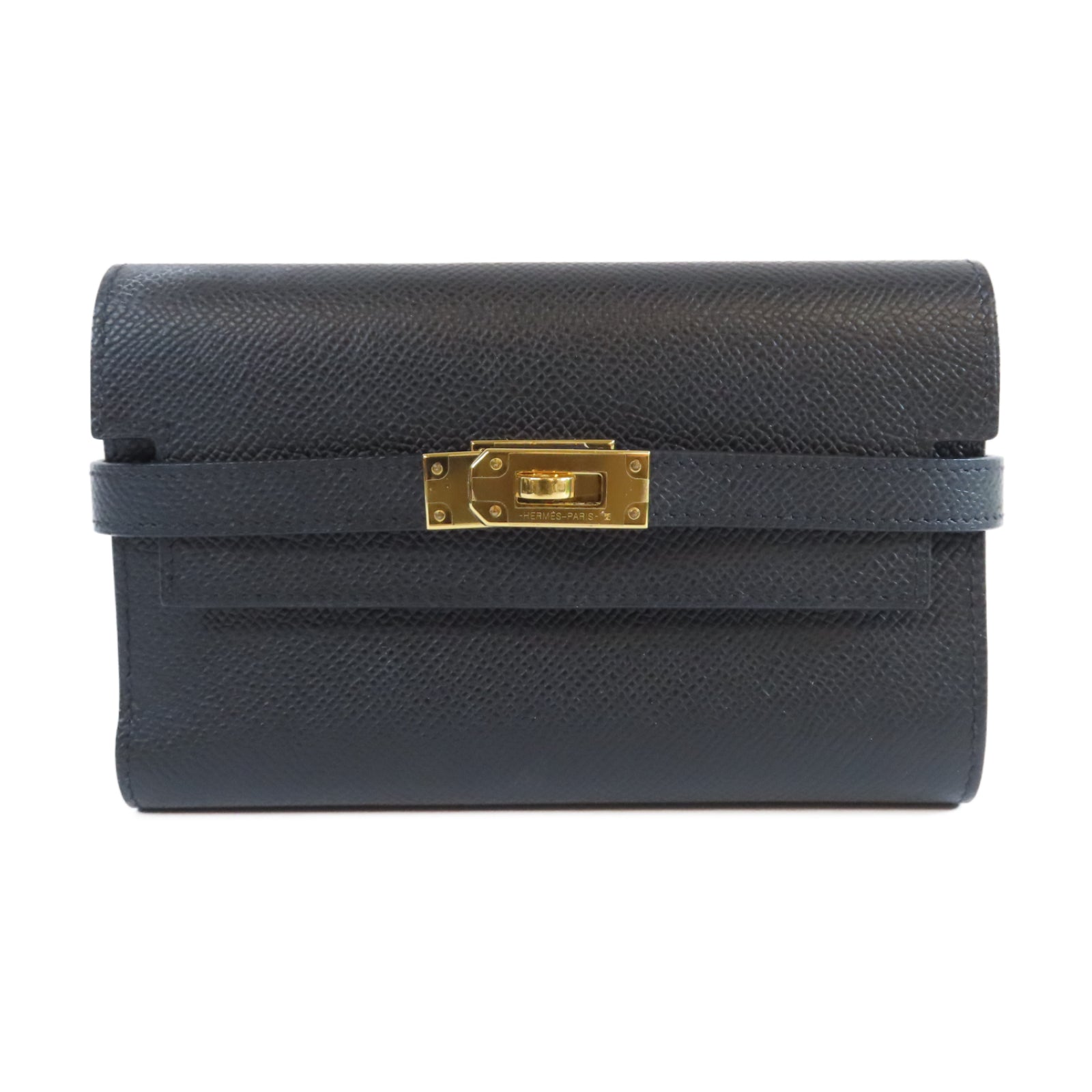 HERMES Epsom皮革Kelly Compact Wallet金扣長錢包Noir黑色