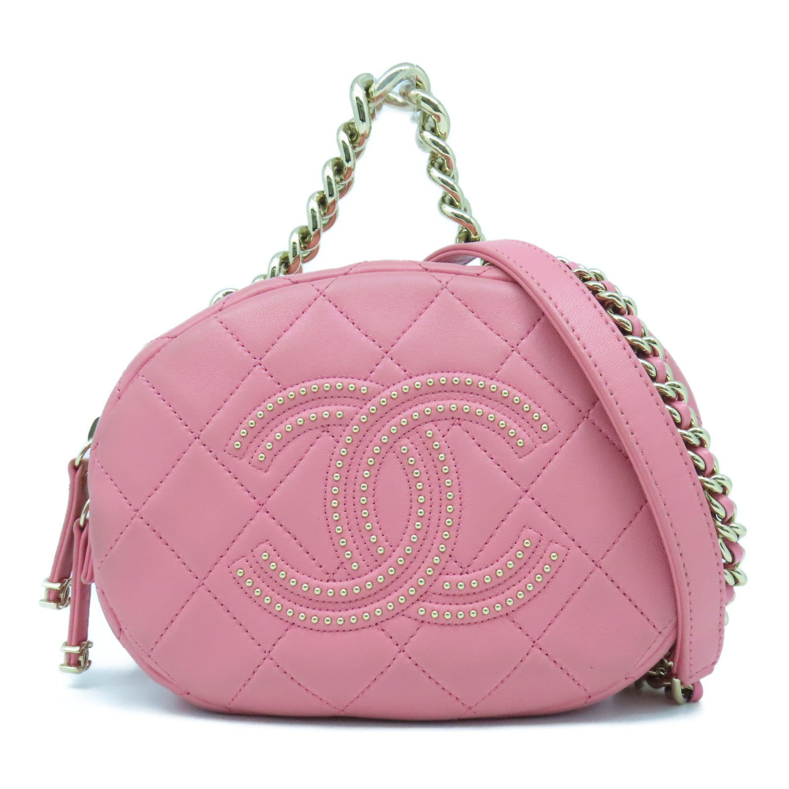CHANEL 菱格羊皮皮革Chain Shoulder Bag金扣鏈帶肩背袋粉紅色