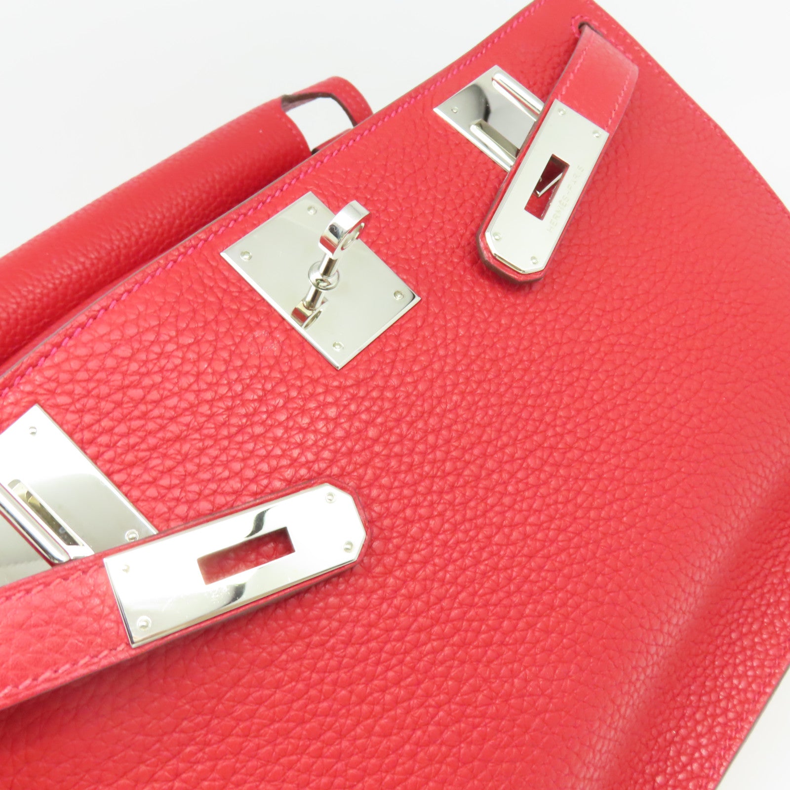 HERMES Clemence皮革Jypsiere 28 Shoulder Bag銀扣肩背袋Rouge Casaque卡薩克紅色