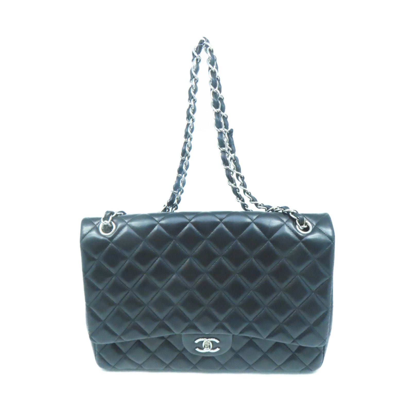 CHANEL 菱格牛皮皮革Chain Shoulder Bag银扣链带肩背袋黑色