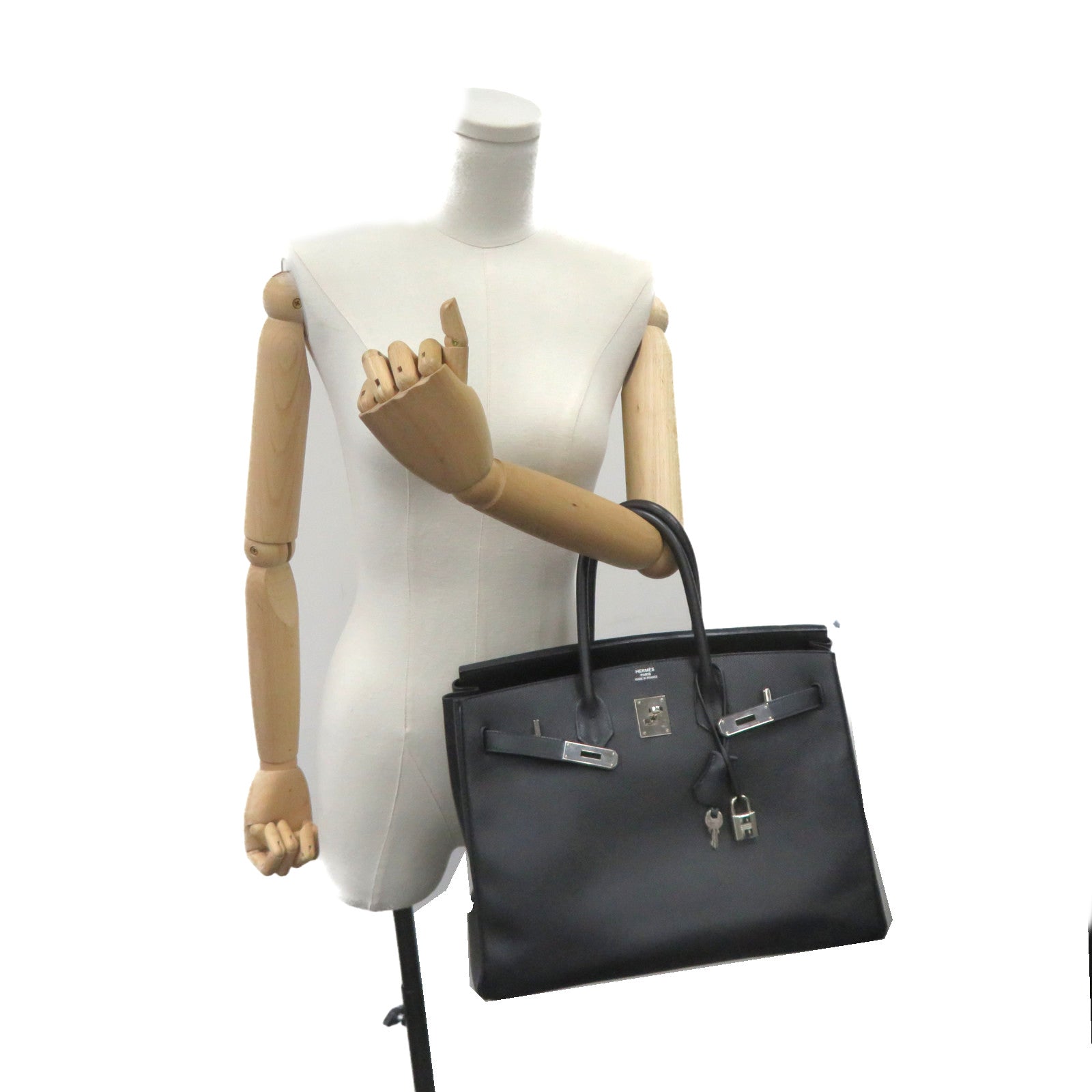 HERMES Epsom Leather Birkin 35 Hand Bag Silver Buckle Hand Bag Black