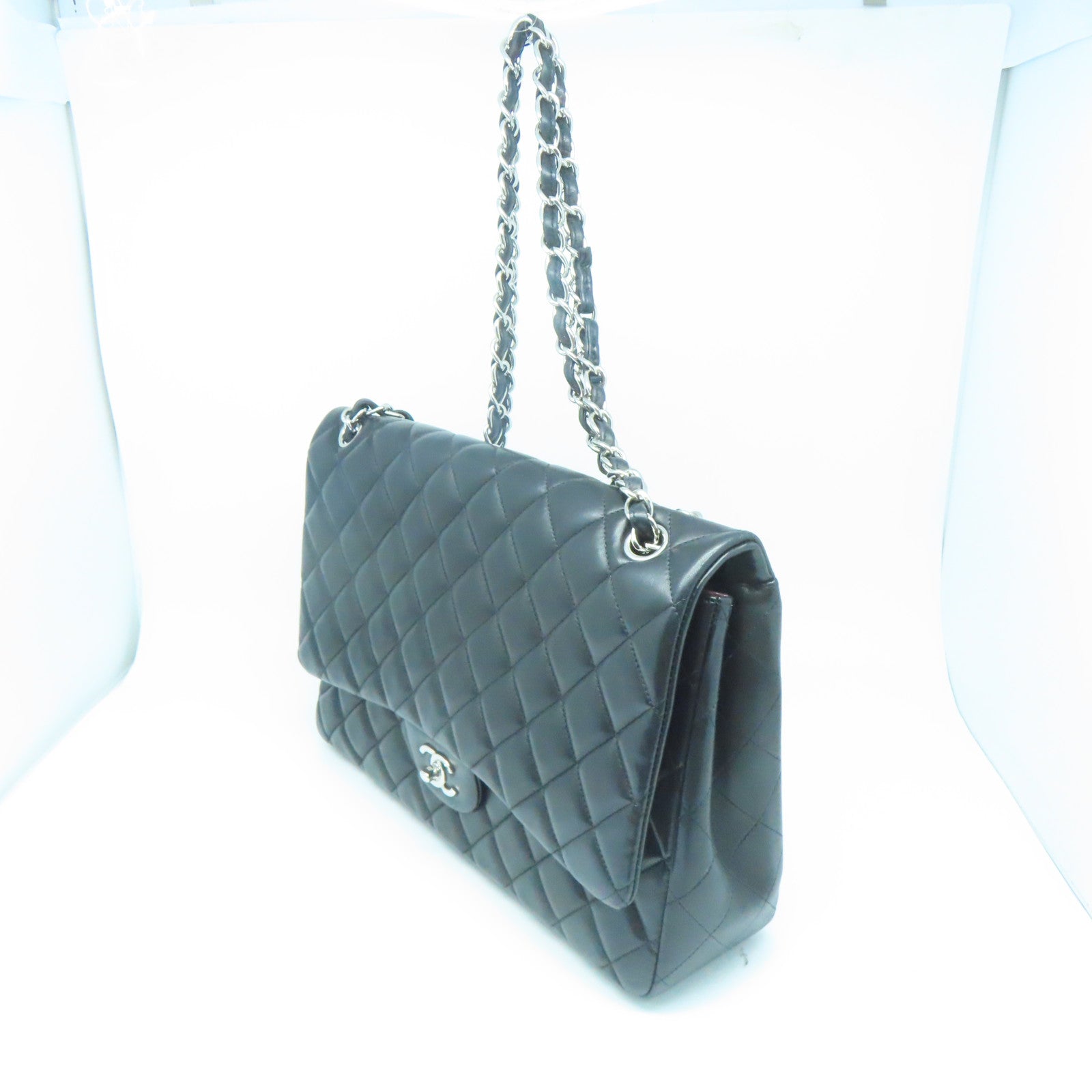 CHANEL 菱格牛皮皮革Chain Shoulder Bag银扣链带肩背袋黑色