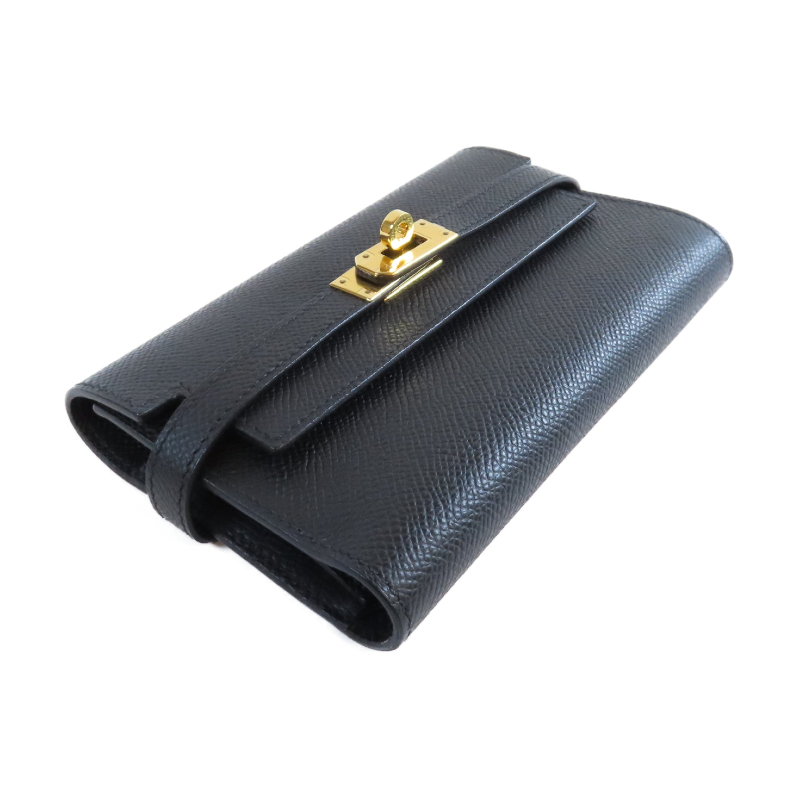 HERMES Epsom皮革Kelly Compact Wallet金扣長錢包Noir黑色