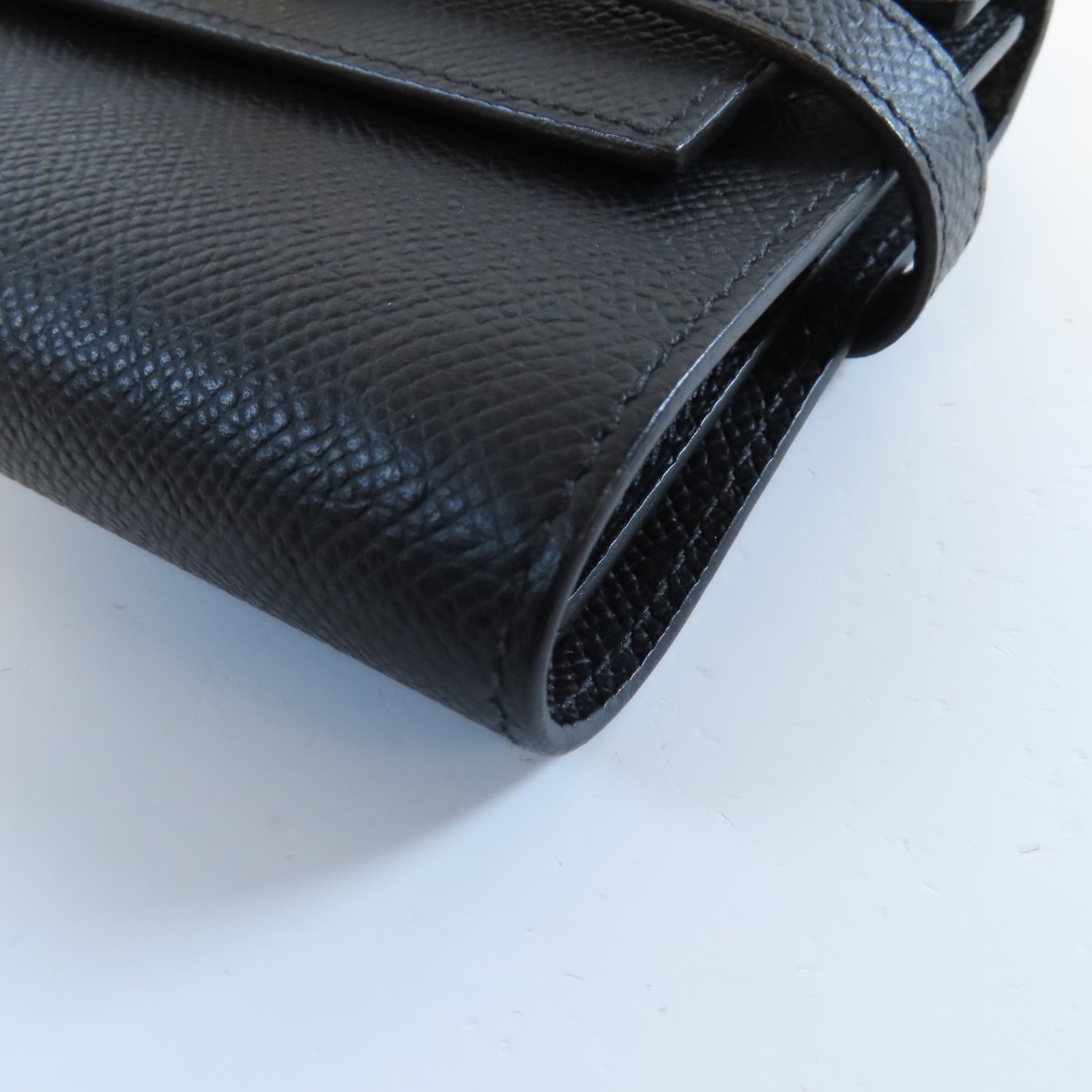 HERMES Epsom皮革Kelly Compact Wallet金扣長錢包Noir黑色