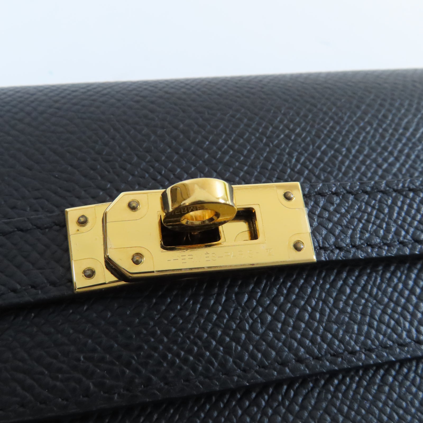 HERMES Epsom皮革Kelly Compact Wallet金扣長錢包Noir黑色