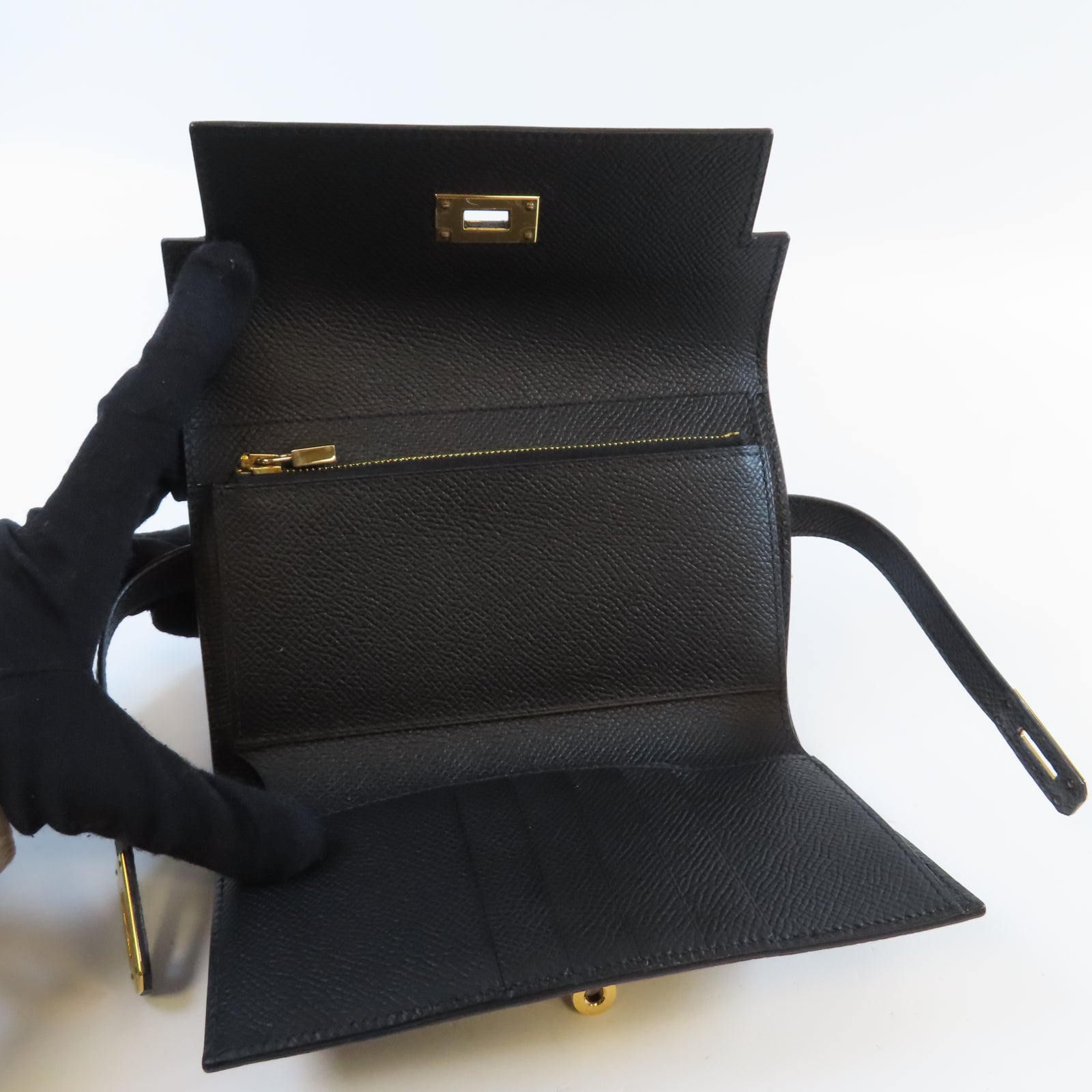 HERMES Epsom皮革Kelly Compact Wallet金扣長錢包Noir黑色