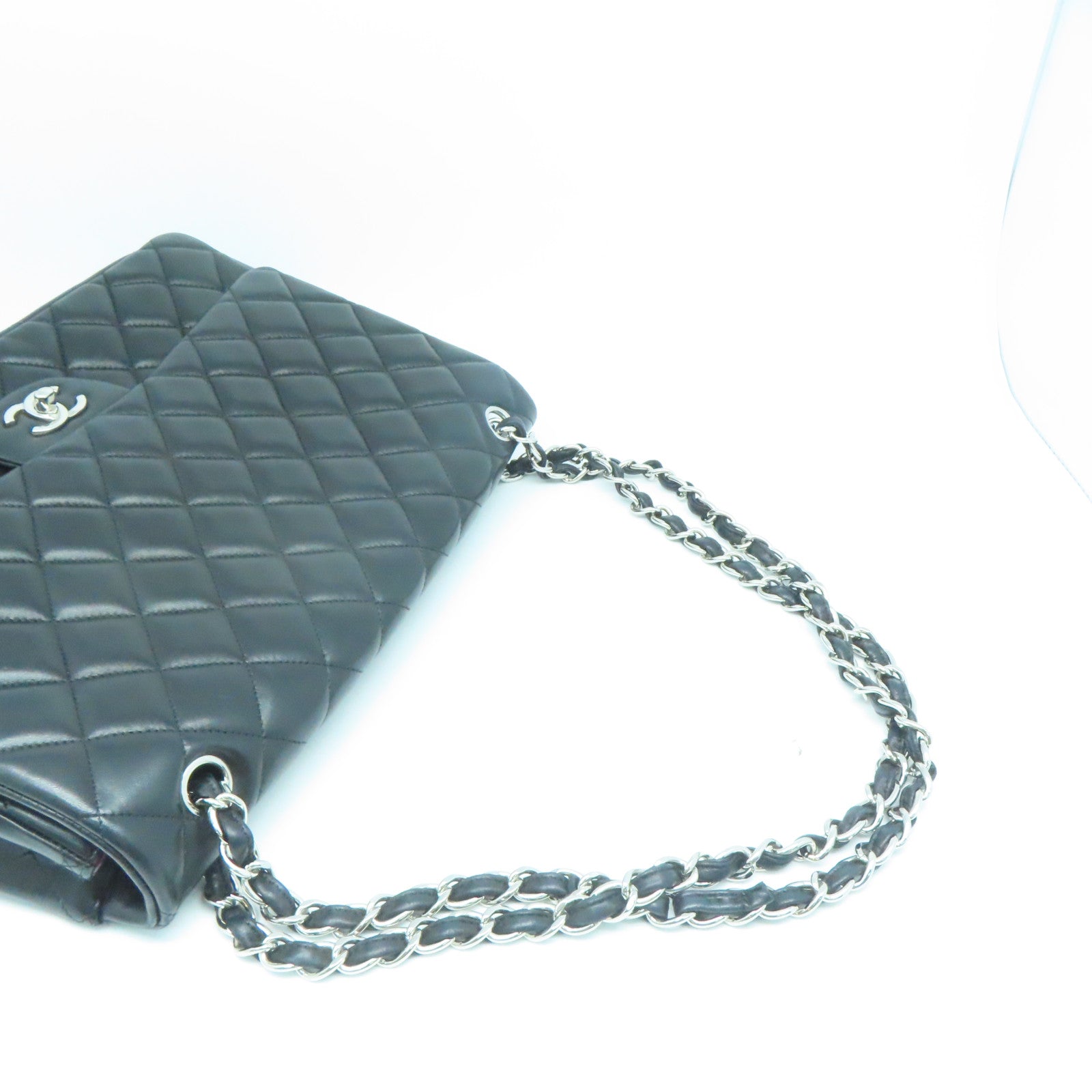 CHANEL 菱格牛皮皮革Chain Shoulder Bag银扣链带肩背袋黑色