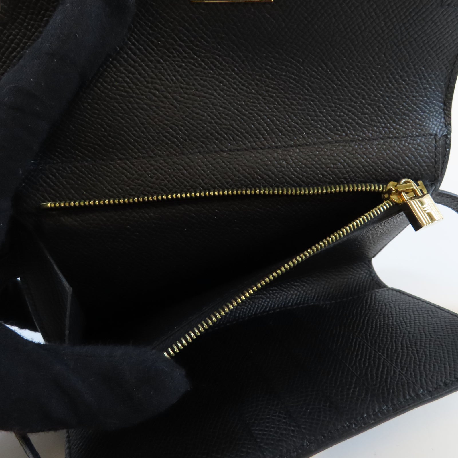 HERMES Epsom皮革Kelly Compact Wallet金扣長錢包Noir黑色