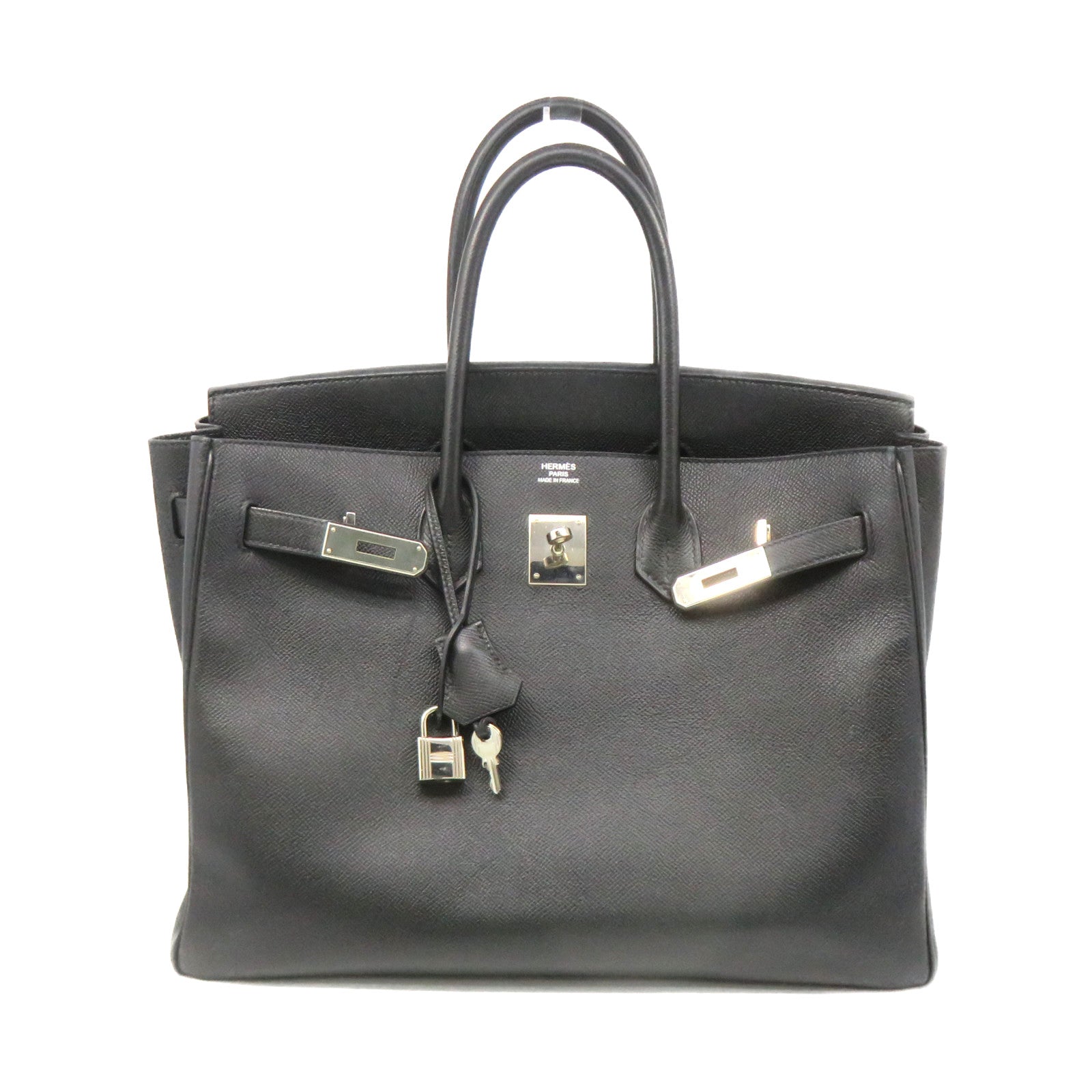 HERMES Epsom Leather Birkin 35 Hand Bag Silver Buckle Hand Bag Black