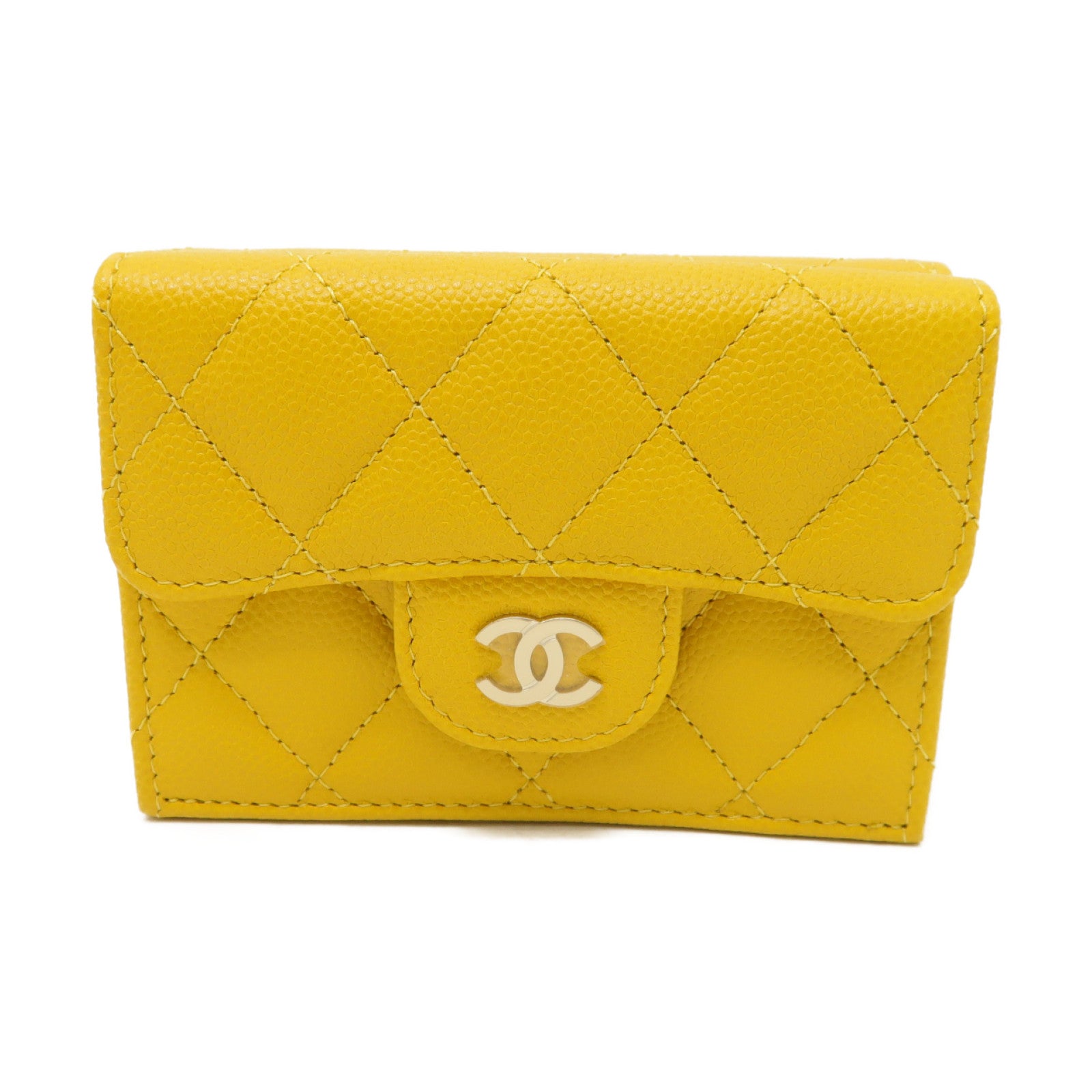 CHANEL 菱格Caviar皮革Wallet金扣錢包黃色
