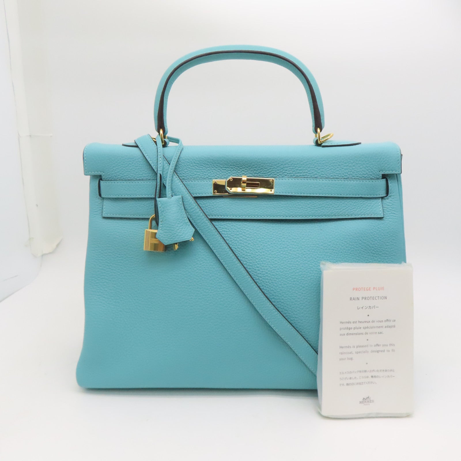 HERMES Clemence Leather Kelly 35 Gold Buckle Handle Shoulder Bag Blue  Atoll/Blue