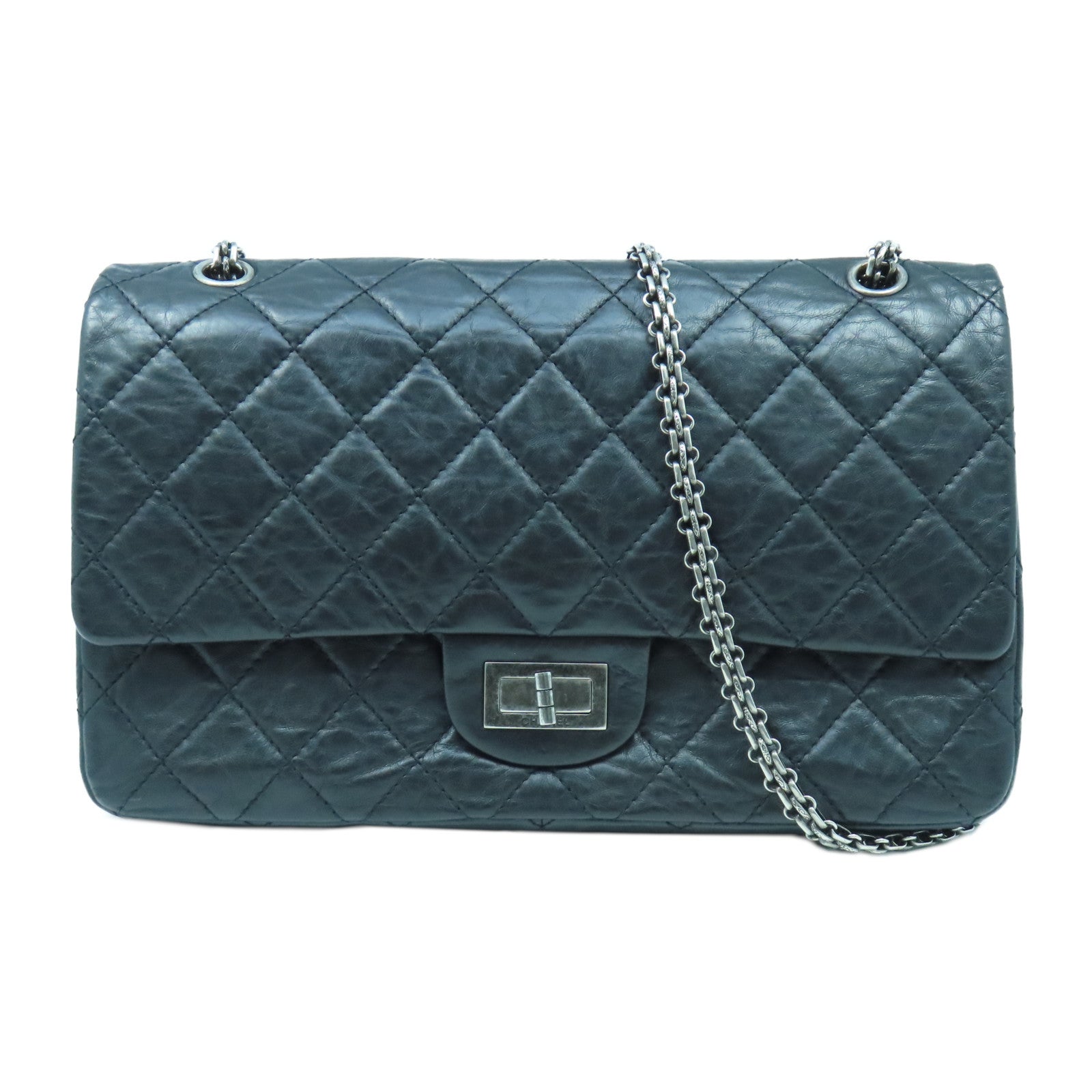CHANEL 菱格牛皮皮革2.55 Chain Shoulder銀扣鏈帶肩背袋黑色