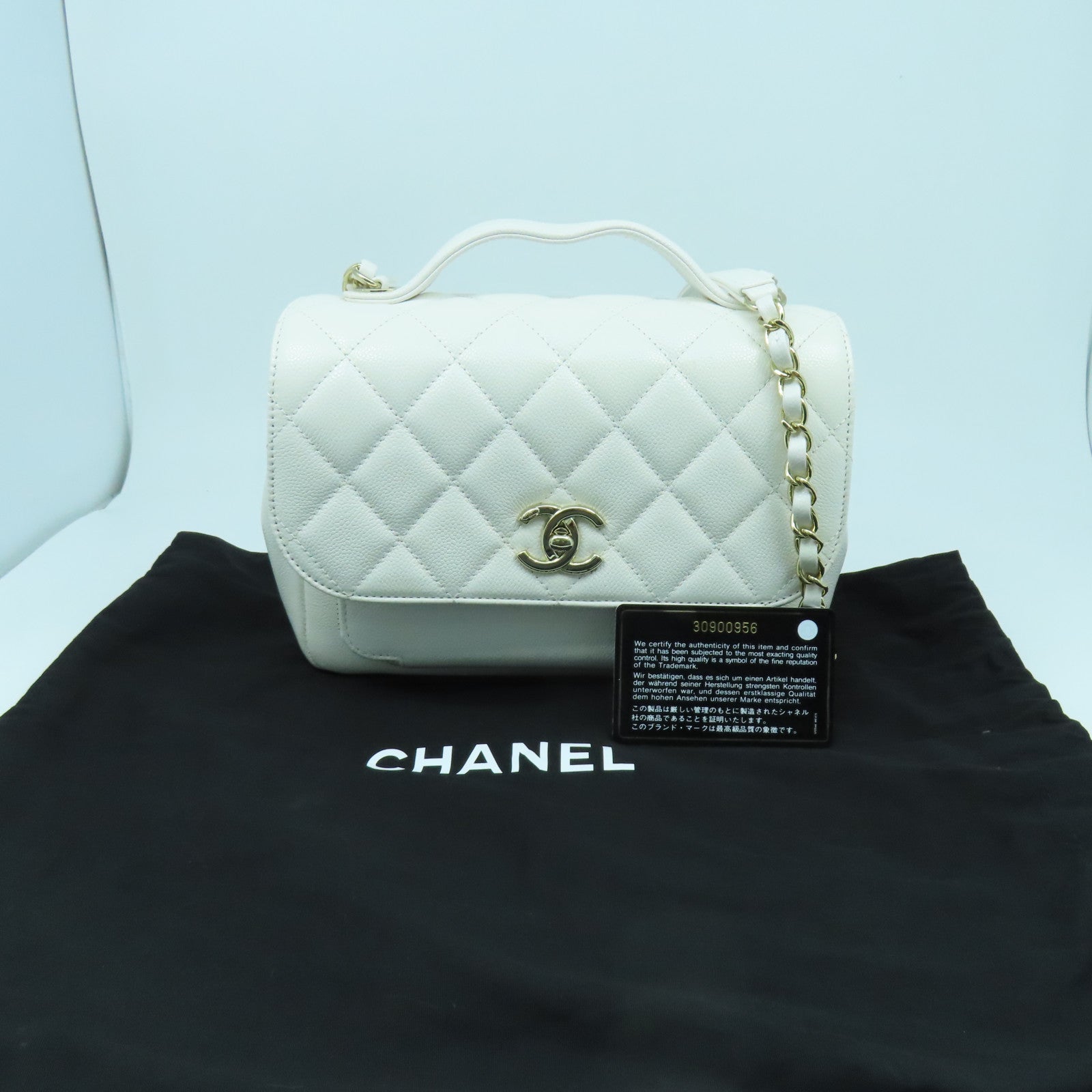 CHANEL 菱格Caviar皮革Business Affinity Bag金扣鏈帶手挽肩背兩用袋白色