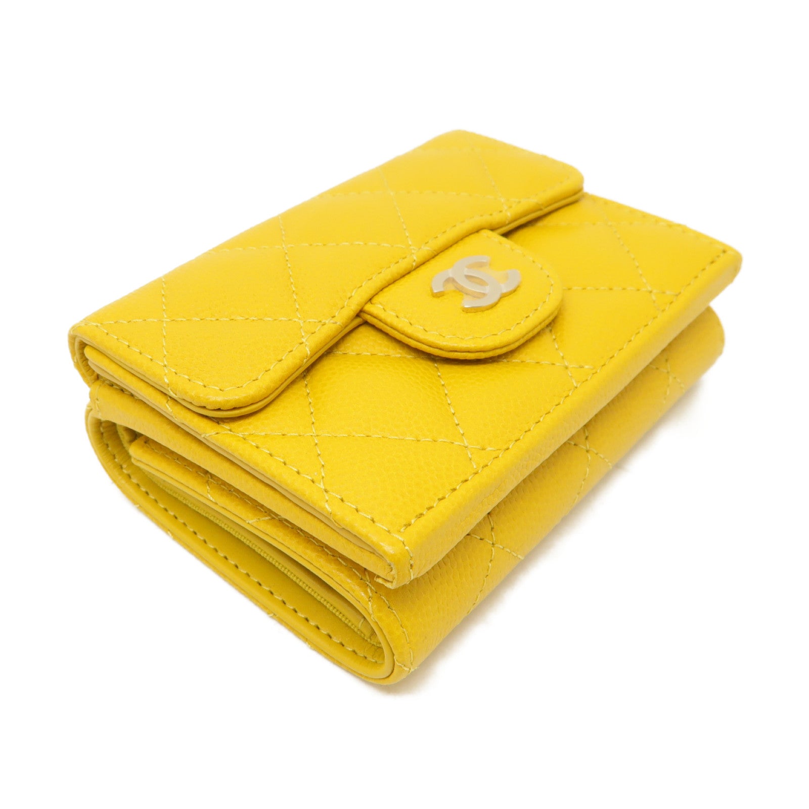 CHANEL 菱格Caviar皮革Wallet金扣錢包黃色