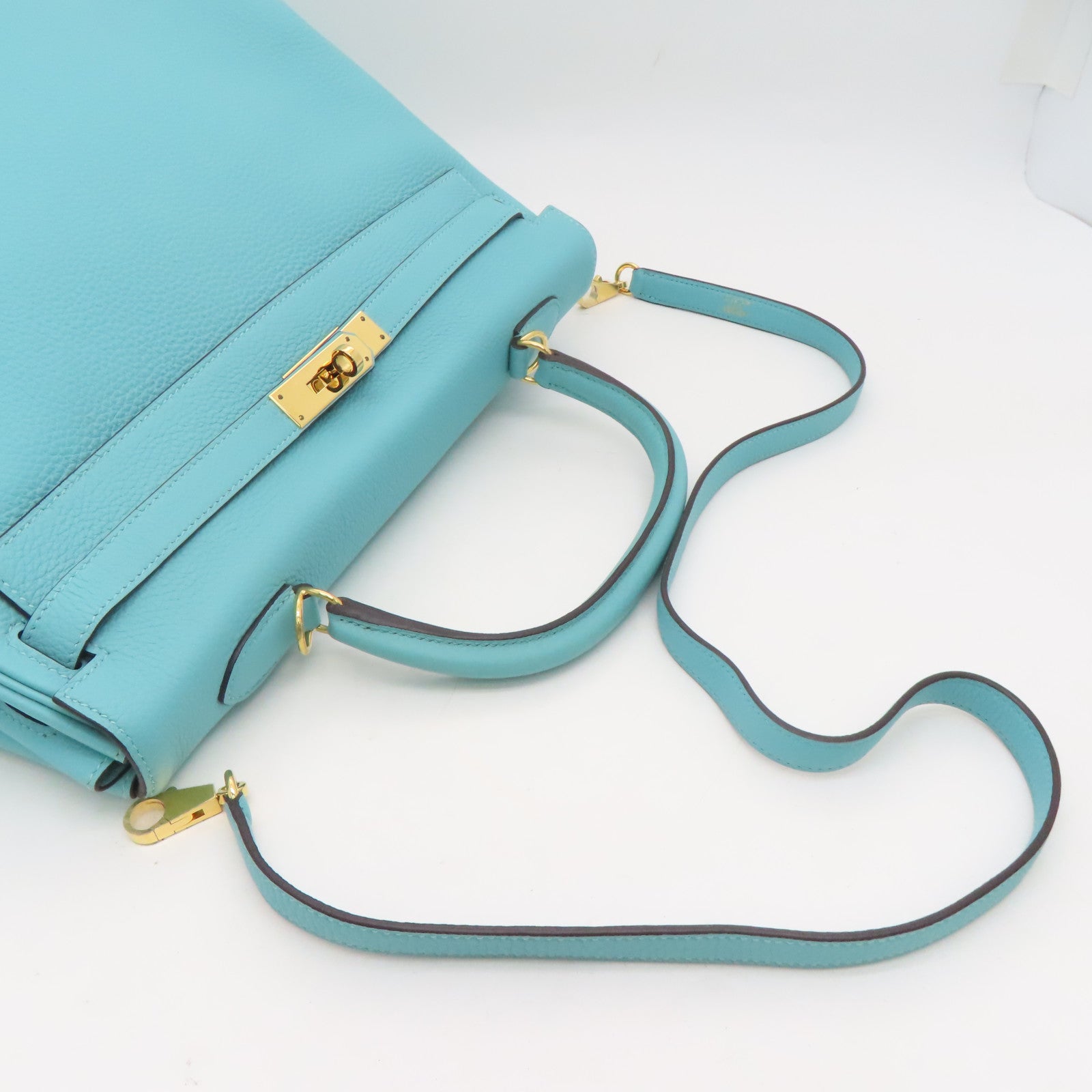 HERMES Clemence皮革Kelly 35金扣手挽肩背两用袋Blue Atoll/蓝色